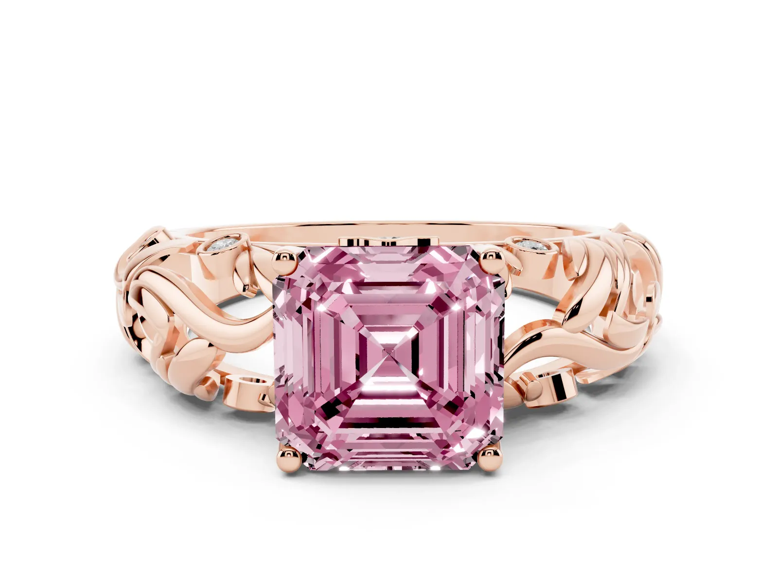 Fancy Pink Asscher Cut Solitaire Diamond Leaf-Inspired Vine Band Ring with Prong Setting Rose gold