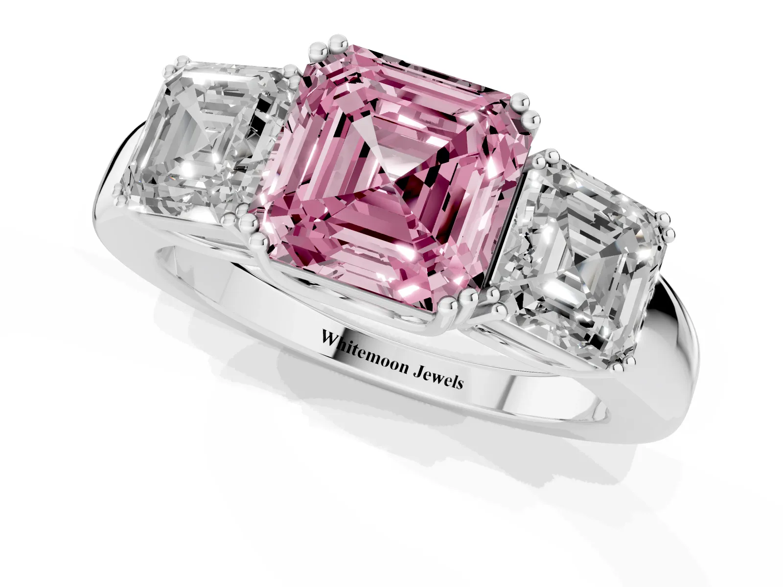 Fancy Pink Three-Stone Asscher Cut Cut Diamond Ring with Channel Set Band and Four-Prong Setting White gold