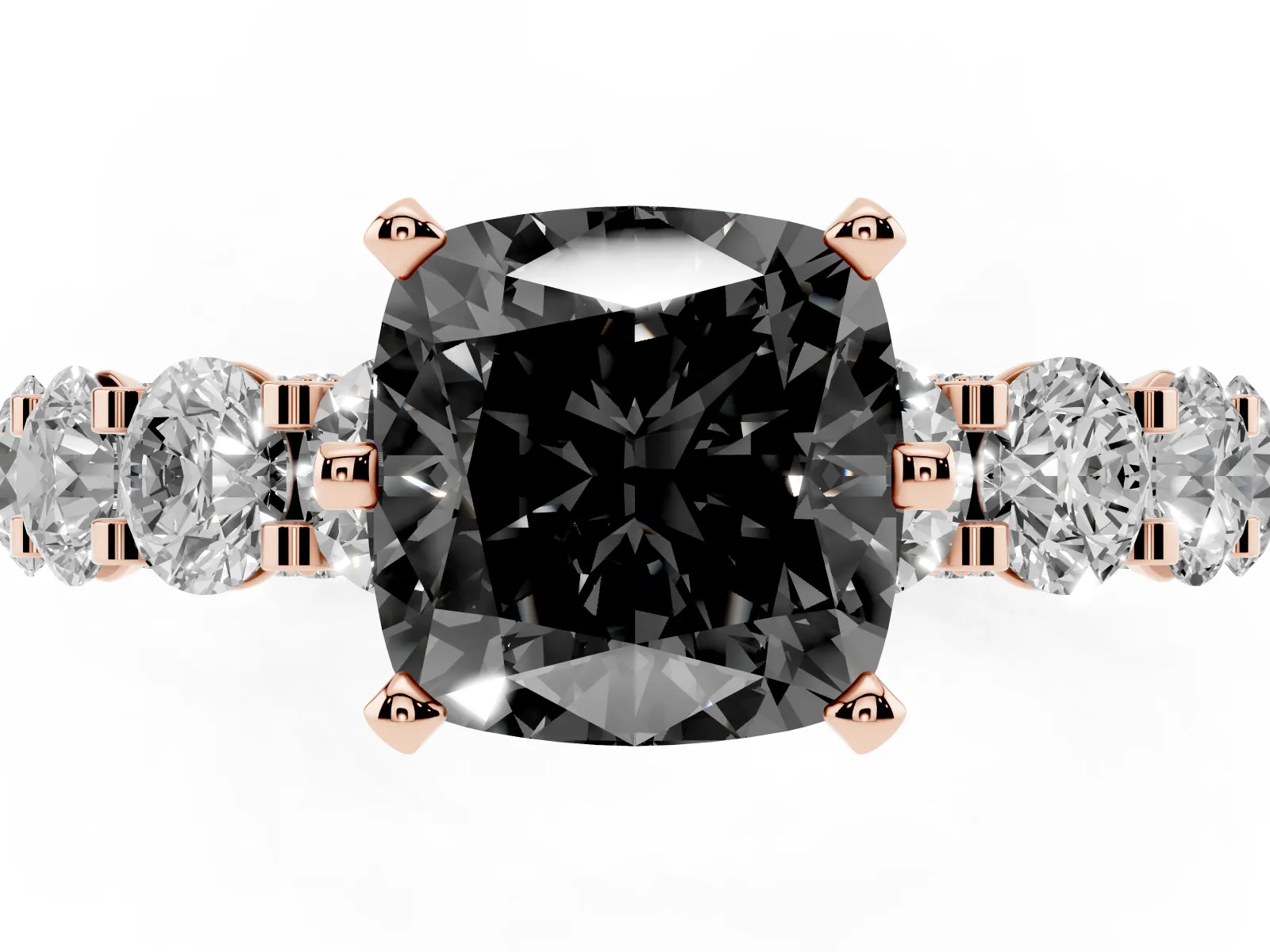 Fancy Black Cushion Cut Diamond Side Stone Engagement Ring with Four-Prong Setting Rose gold