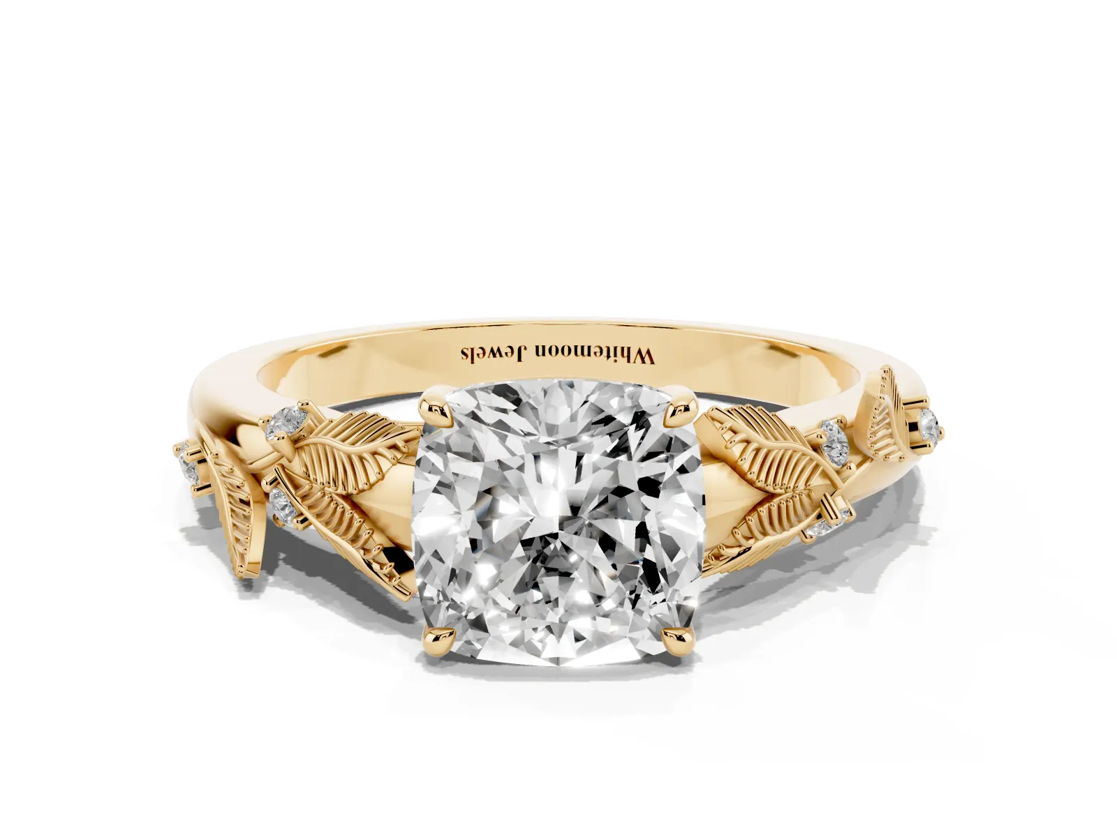 Cushion Cut Diamond Solitaire Ring with Leaf Motif Band and Four-Prong Setting Yellow gold