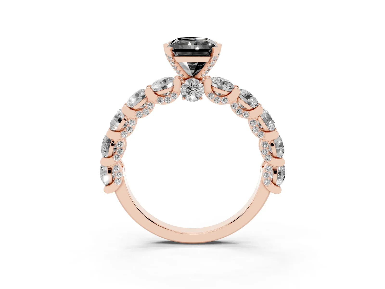 Fancy Black Radiant Cut Diamond Side Stone Engagement Ring with Four-Prong Setting Rose gold