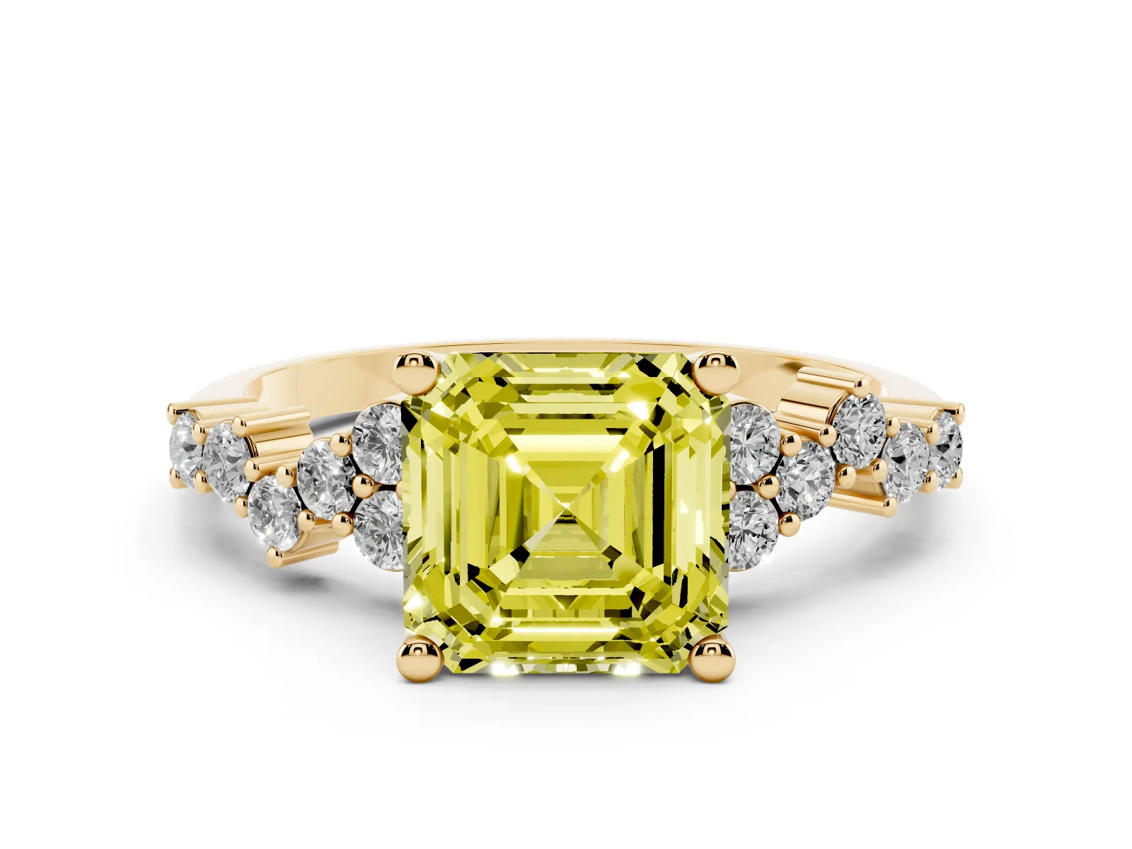 Fancy Yellow Asscher Cut Diamond Scattered Round Accent Ring with Prong Setting Yellow gold