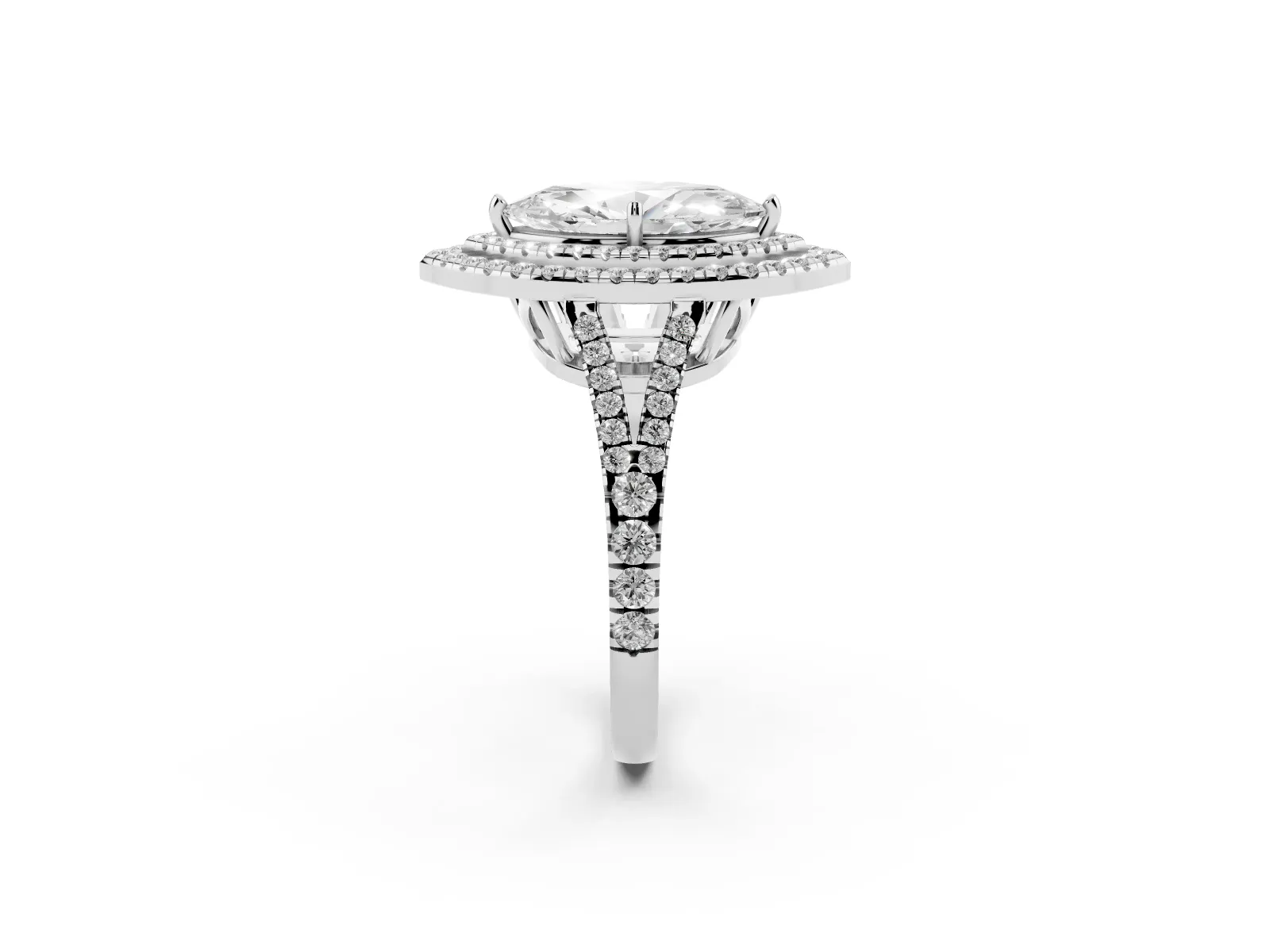 Marquise Cut Diamond Double Halo Ring with Pavé Band and Prong Setting Platinum