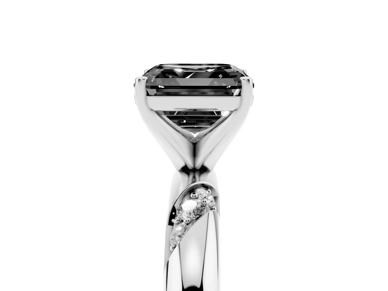 Fancy Black Asscher Cut Diamond Solitaire Engagement Ring with Twisted Round Accent Band and Prong Setting Platinum
