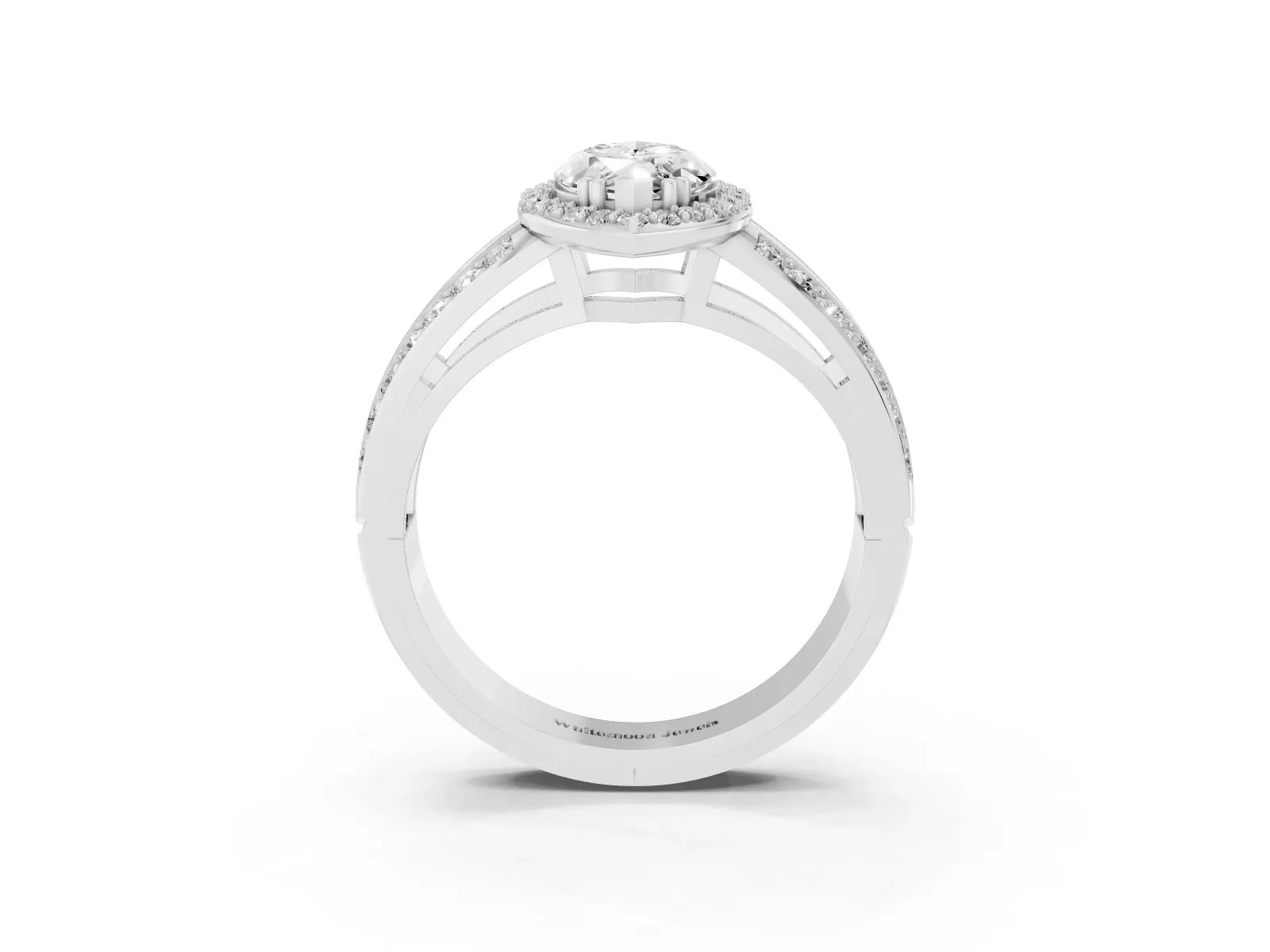 Marquise Cut Diamond Halo Ring with Split Shank Pavé Band and Four-Prong Setting White gold
