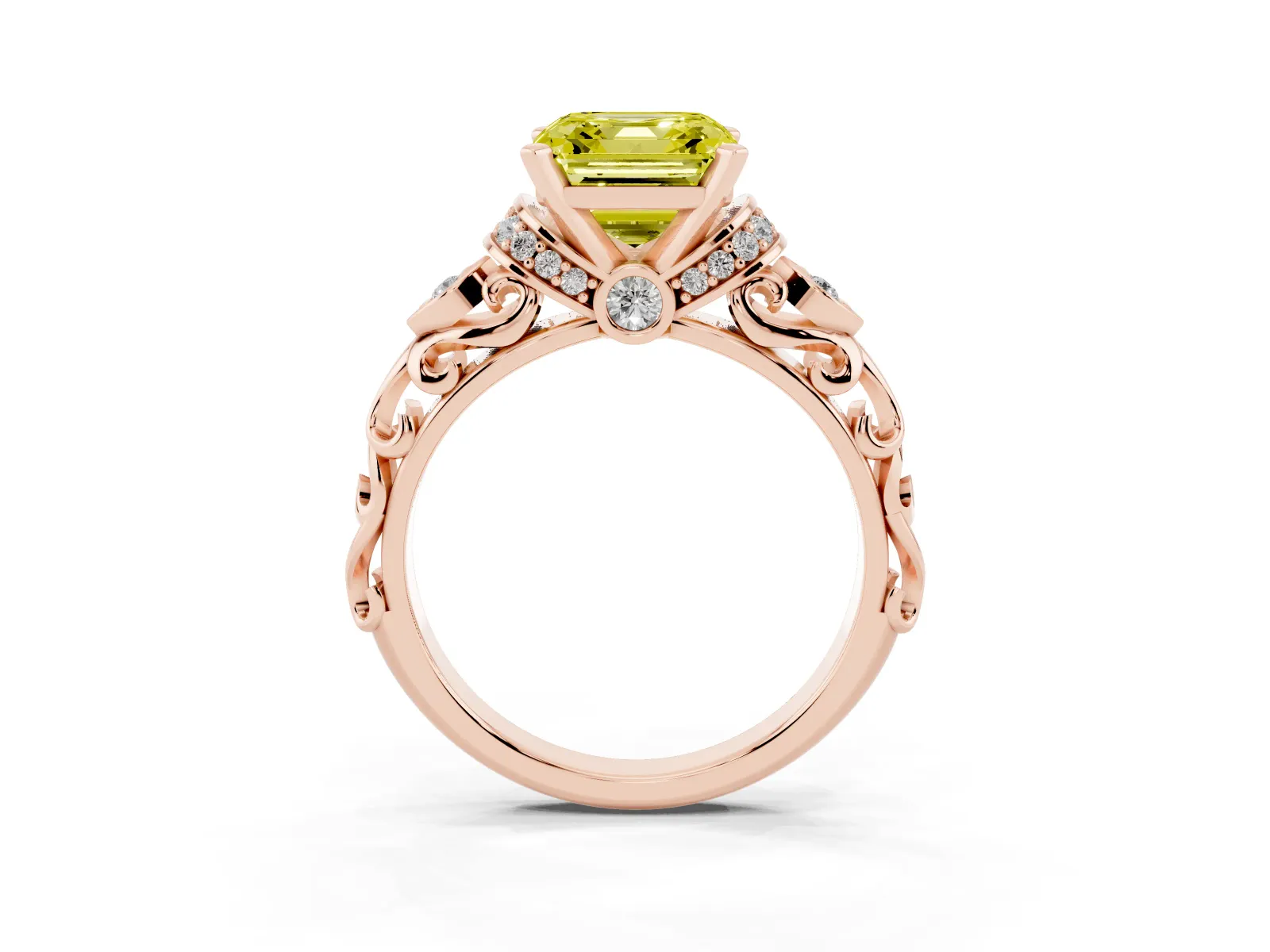 Fancy Yellow Asscher Cut Diamond Solitaire Ring with Filigree Band and Four-Prong Setting Rose gold