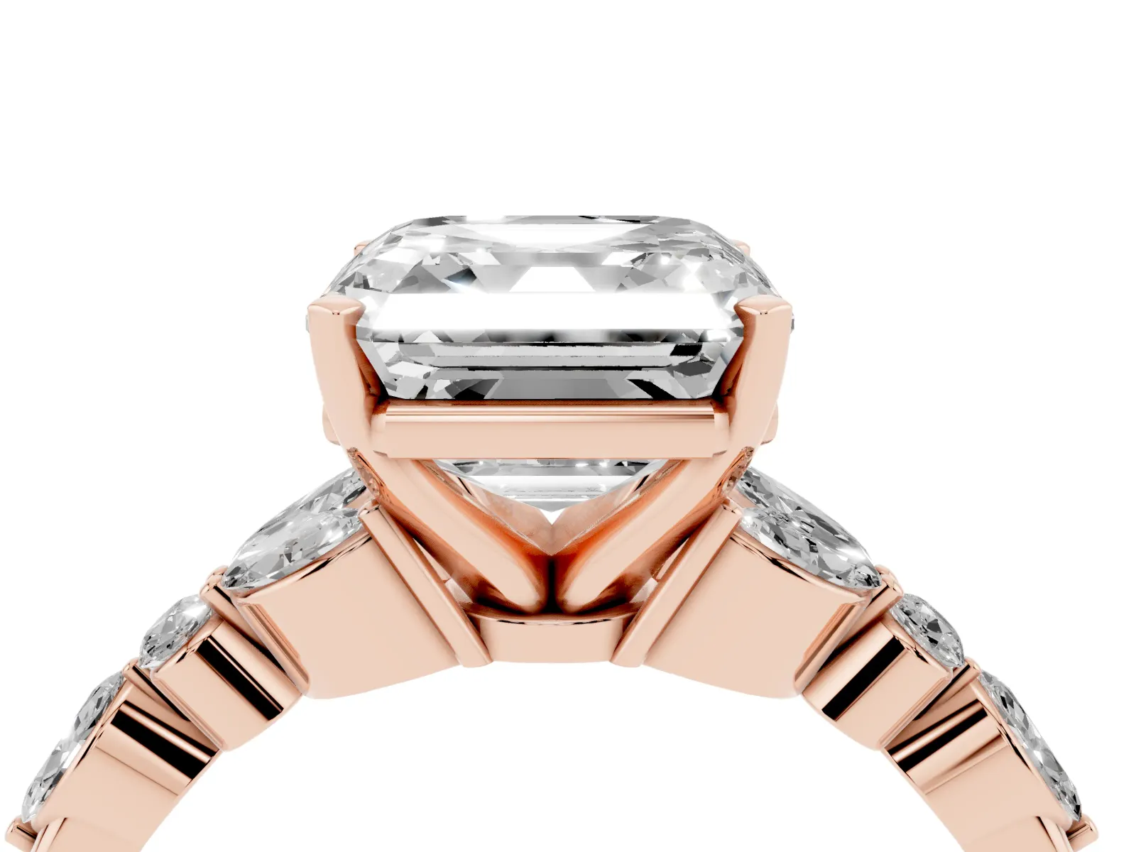 Asscher Cut Diamond Solitaire Ring with Side Stones and Four-Prong Setting Rose gold