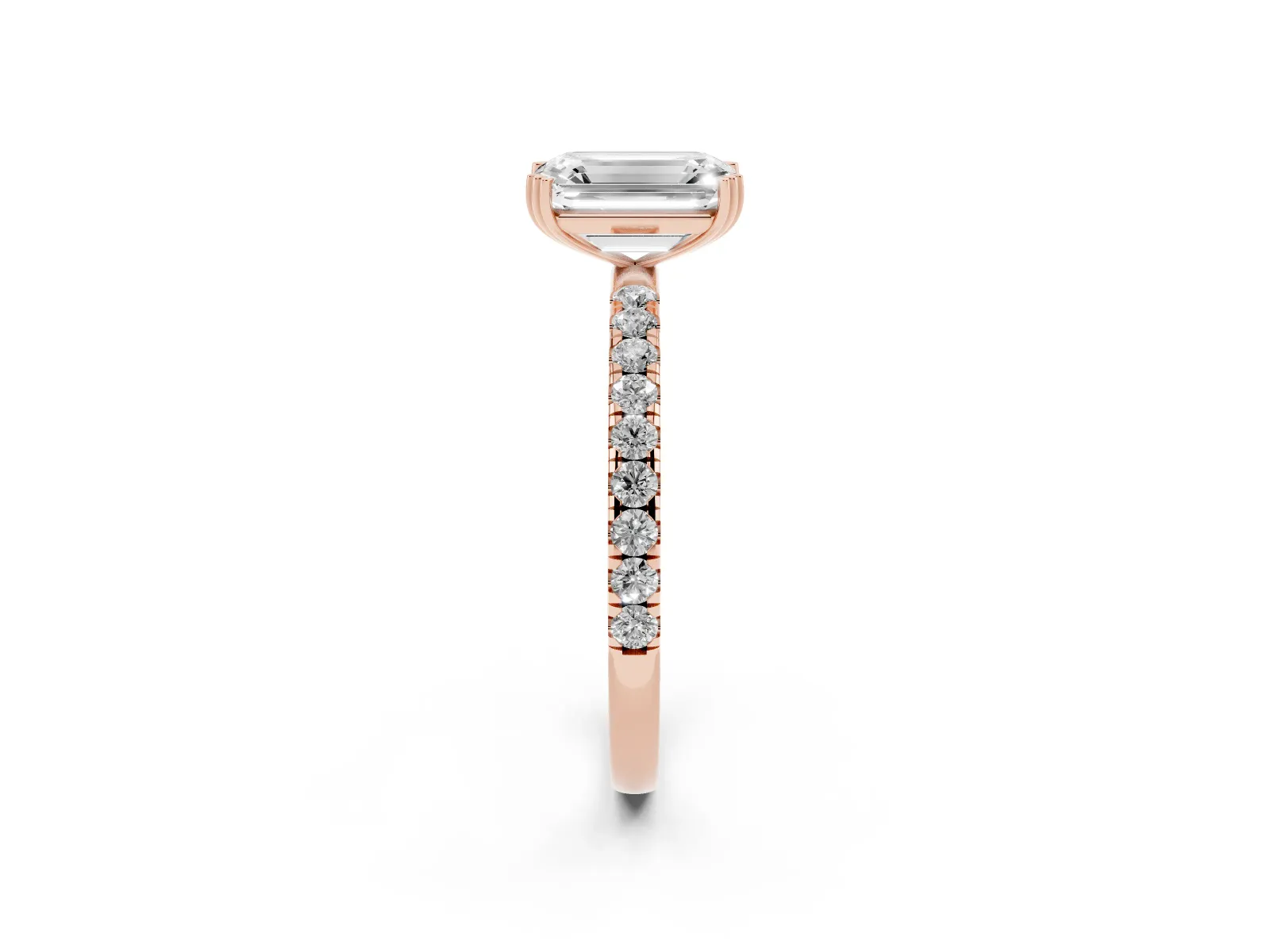Emerald Cut Brilliant Solitaire with Pavé Band and Claw Prong Setting Rose gold