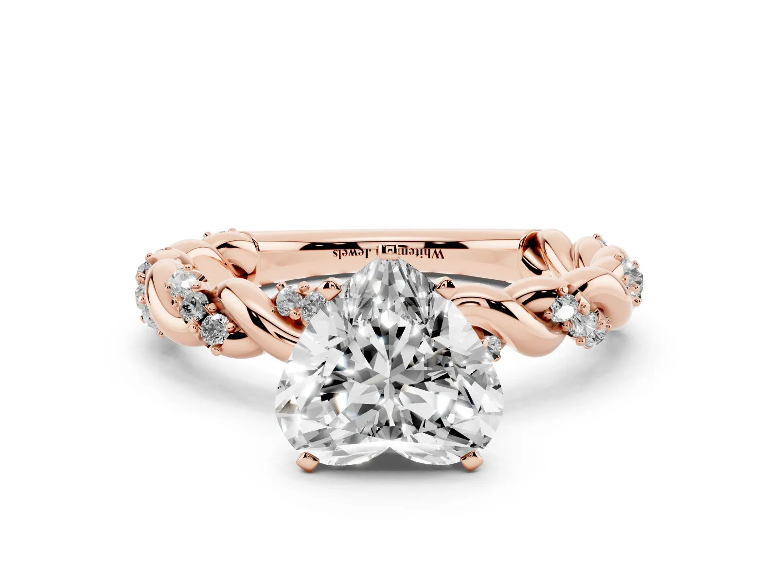 Heart Cut Diamond Solitaire Ring with Twisted Band and Pavé Accents Rose gold