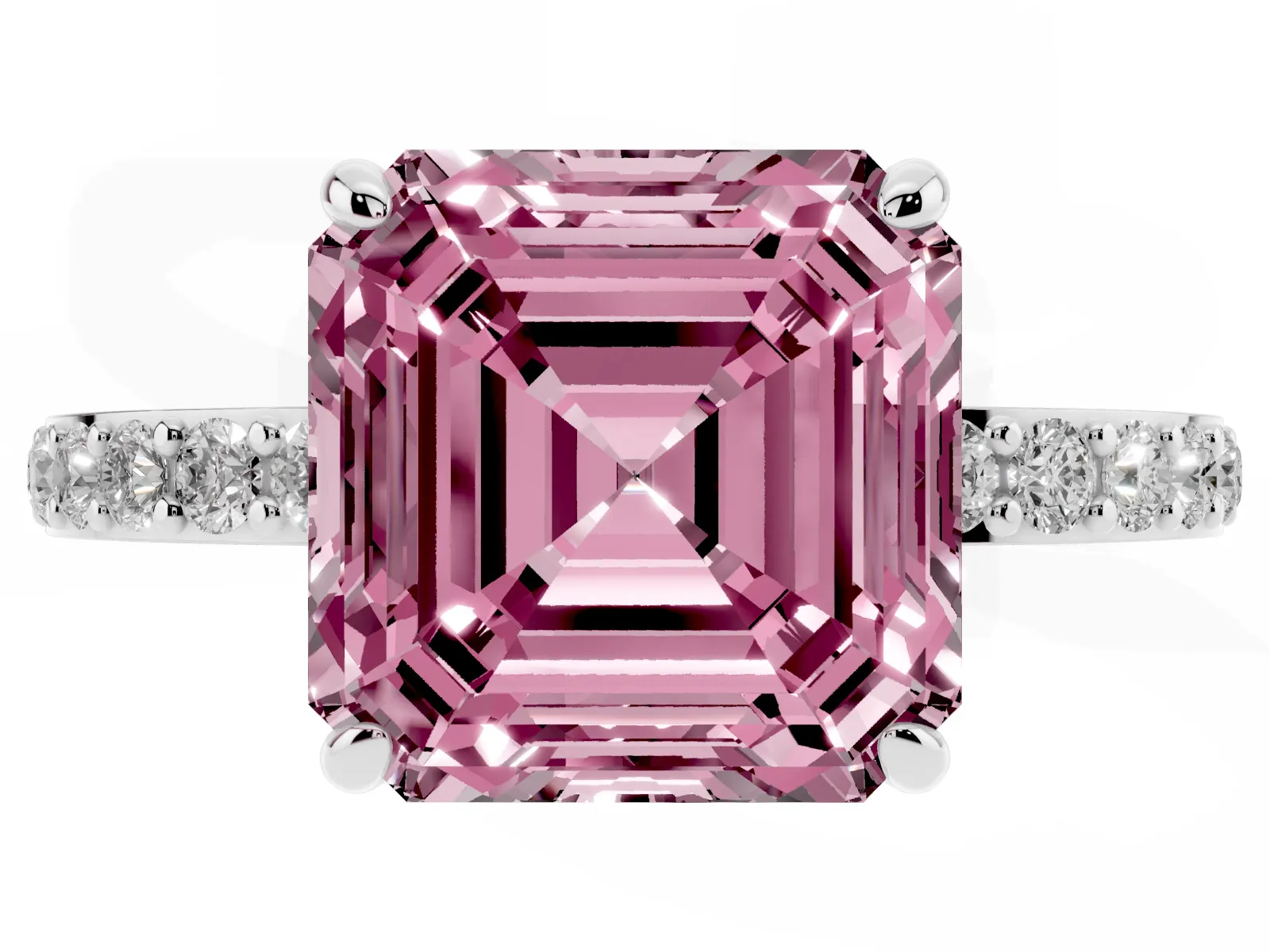 Fancy Pink Asscher Cut Diamond Solitaire Engagement Ring with Pavé Band and Four-Prong Setting White gold