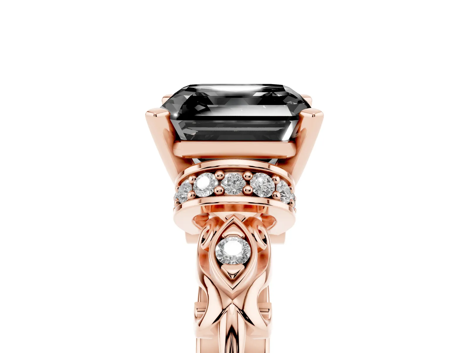 Fancy Black Asscher Cut Diamond Solitaire Ring with Filigree Band and Four-Prong Setting Rose gold