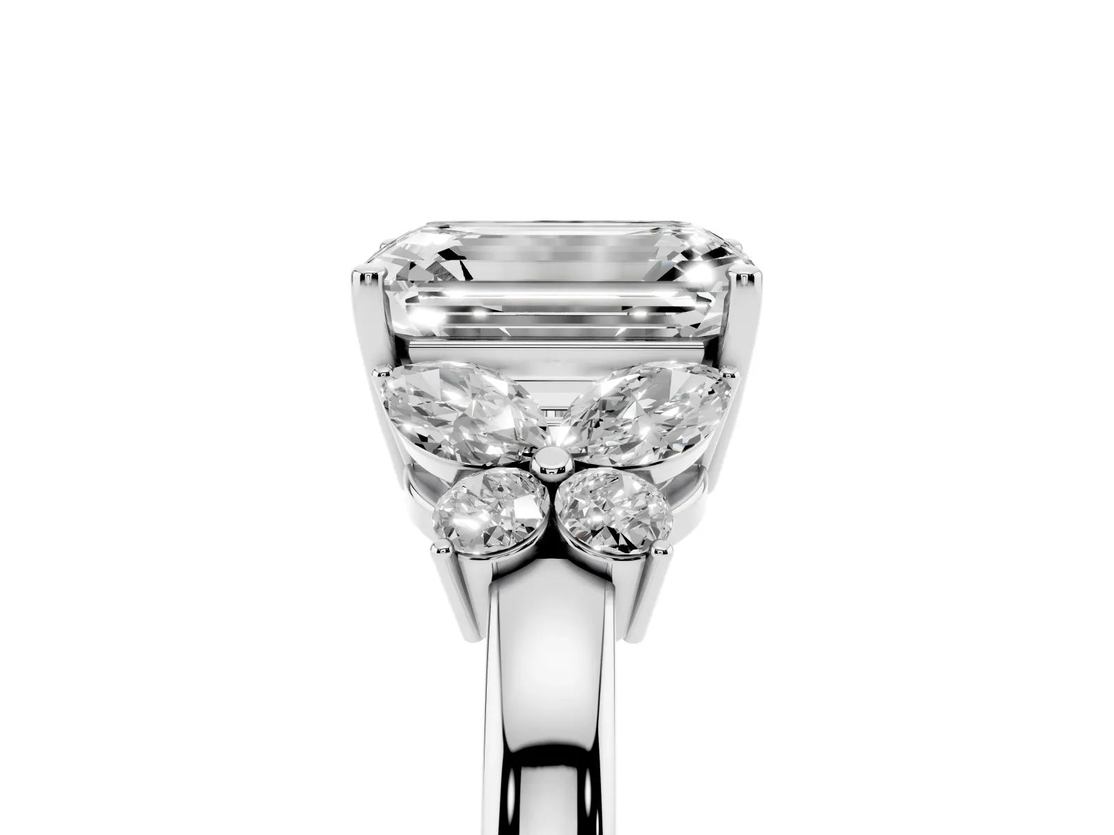 Emerald Cut Cut Solitaire Floral Diamond Ring with Four-Prong Setting Platinum