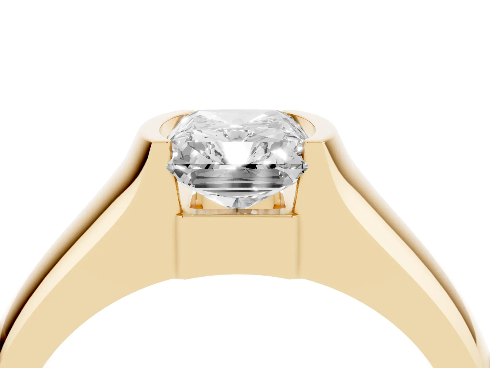 Radiant Cut Solitaire Bezel Set Diamond Ring with Wide Band Yellow gold