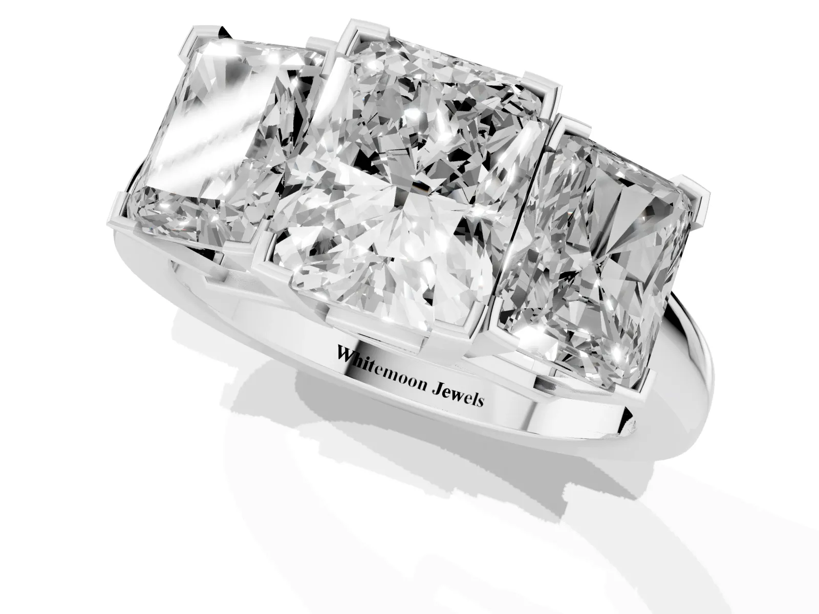 Three-Stone Radiant Cut Cut Diamond Ring with Channel Set Band and Four-Prong Setting Platinum