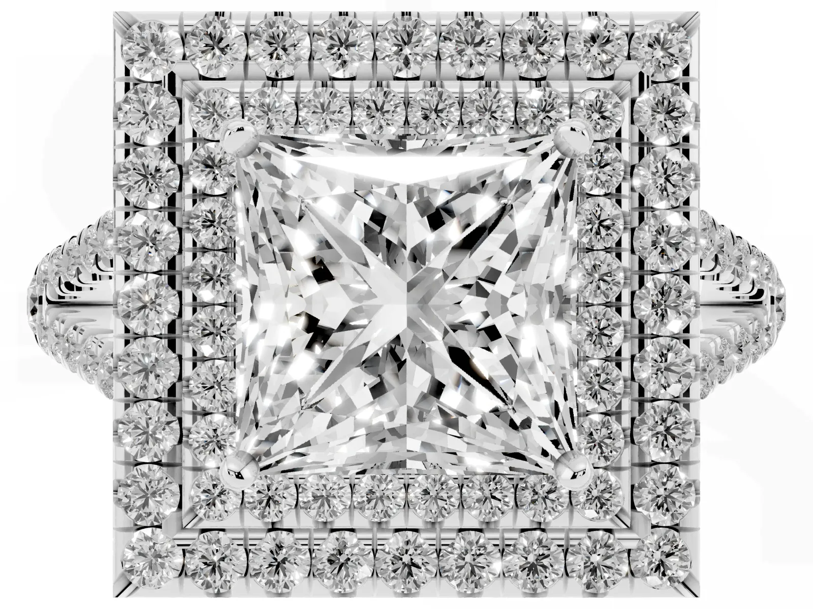 Princess Cut Diamond Double Halo Ring with Pavé Band and Prong Setting Platinum