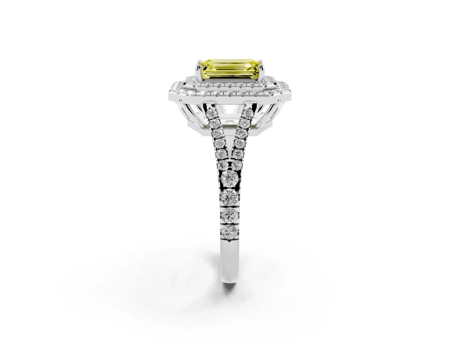 Fancy Yellow Emerald Cut Diamond Double Halo Ring with Pavé Band and Prong Setting Platinum