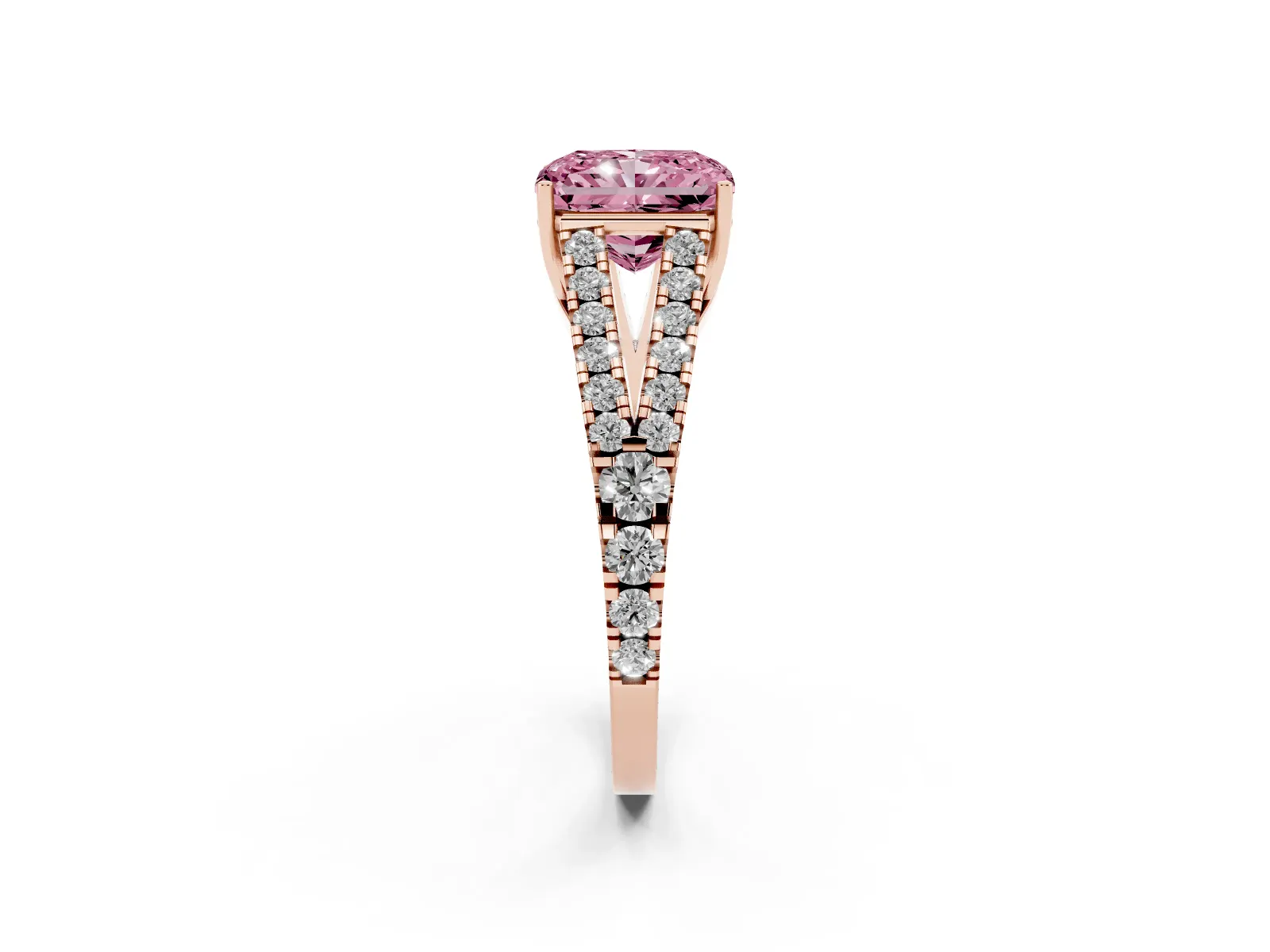 Fancy Pink Radiant Cut Diamond Split Shank Engagement Ring with Round Pavé and Prong Setting Rose gold