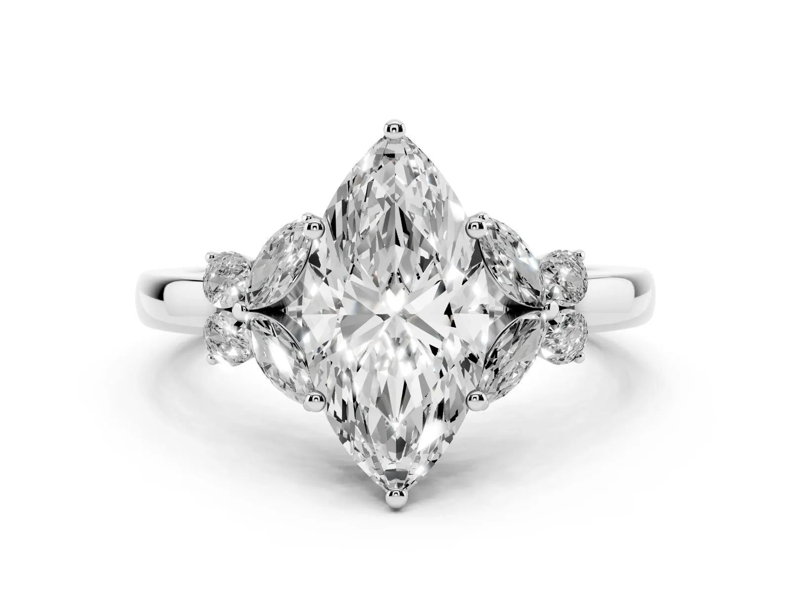 Marquise Cut Cut Solitaire Floral Diamond Ring with Four-Prong Setting Platinum