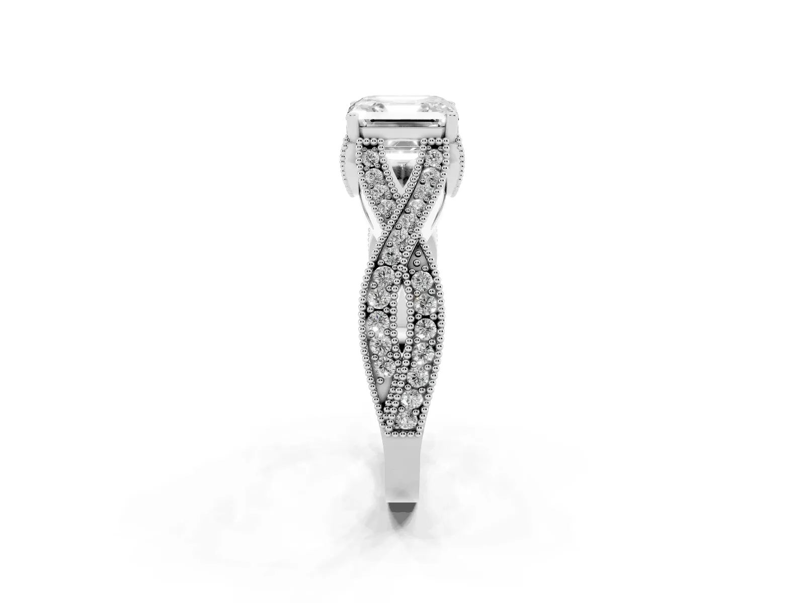 Asscher Cut Cut Diamond Twisted Band with Milgrain Pave Setting and Four-Prong Setting Platinum