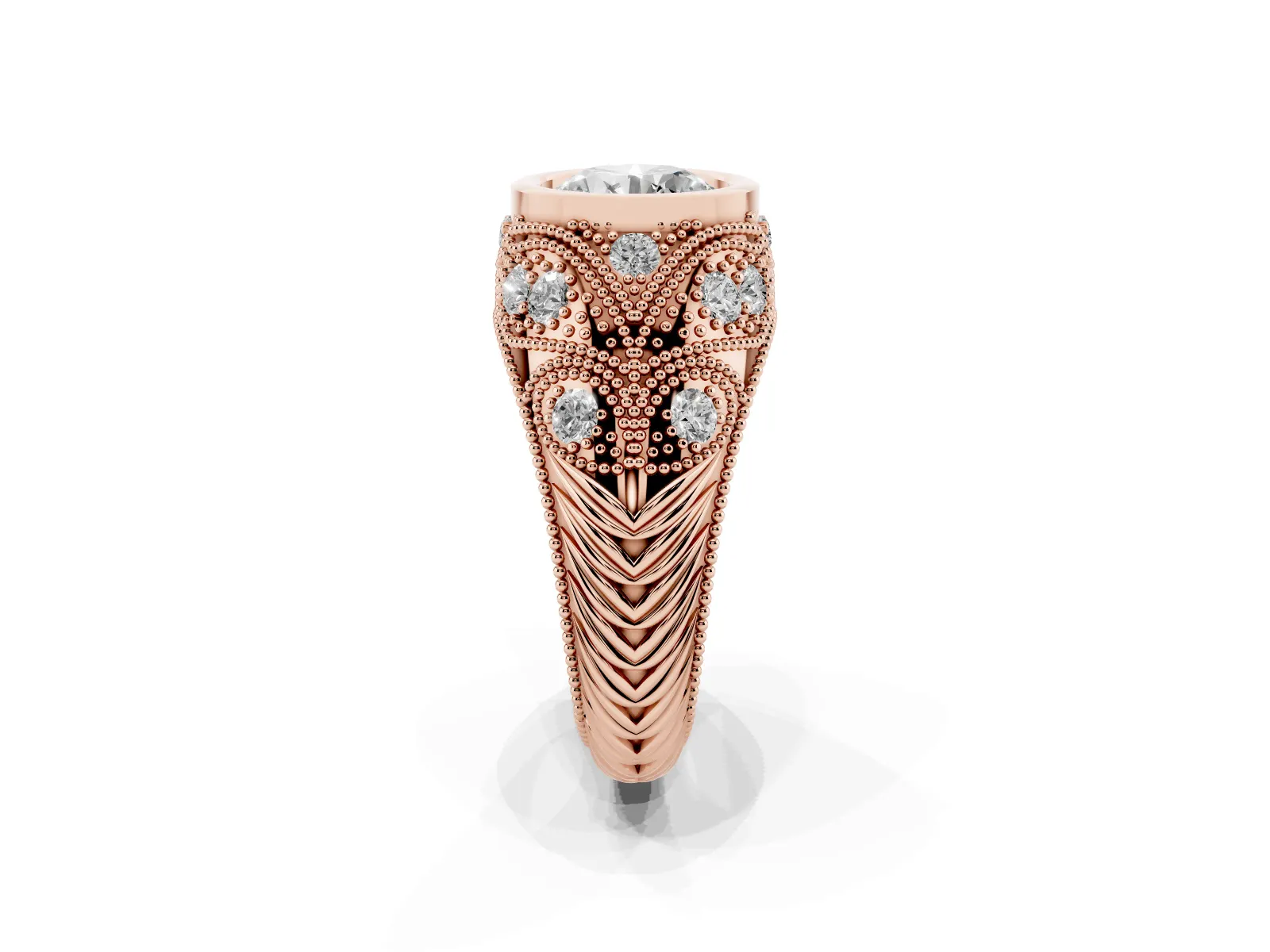 Bezel Set Round Cut Diamond Milgrain Band Ring Rose gold