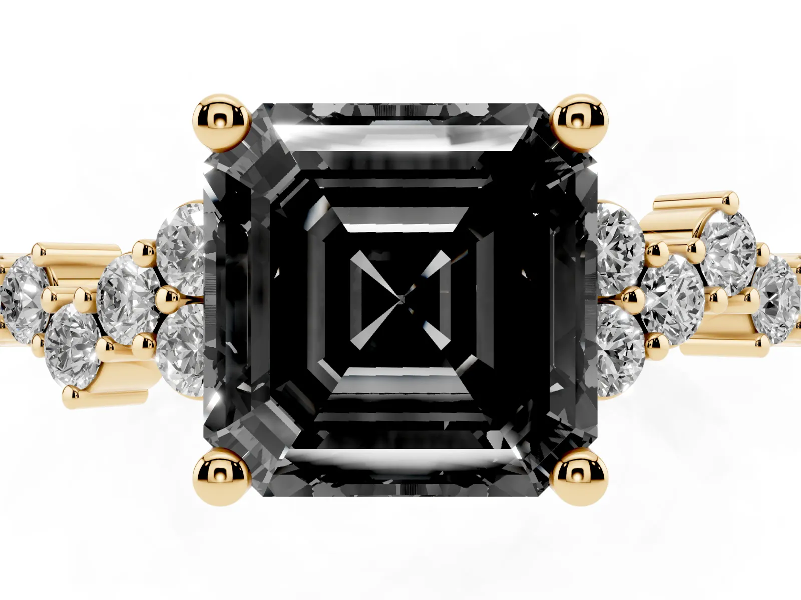Fancy Black Asscher Cut Diamond Scattered Round Accent Ring with Prong Setting Yellow gold