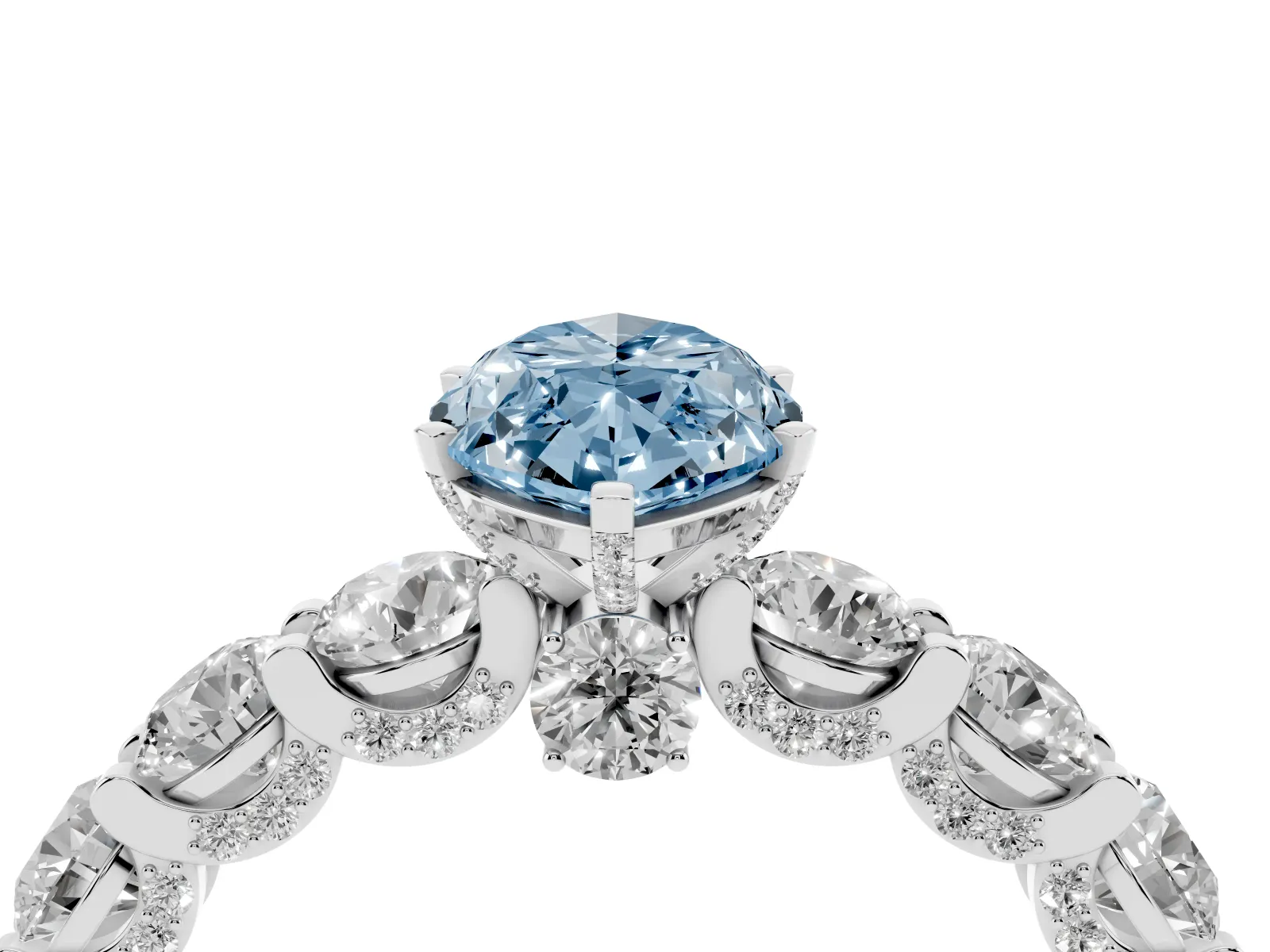 Fancy Blue Marquise Cut Diamond Side Stone Engagement Ring with Four-Prong Setting Platinum