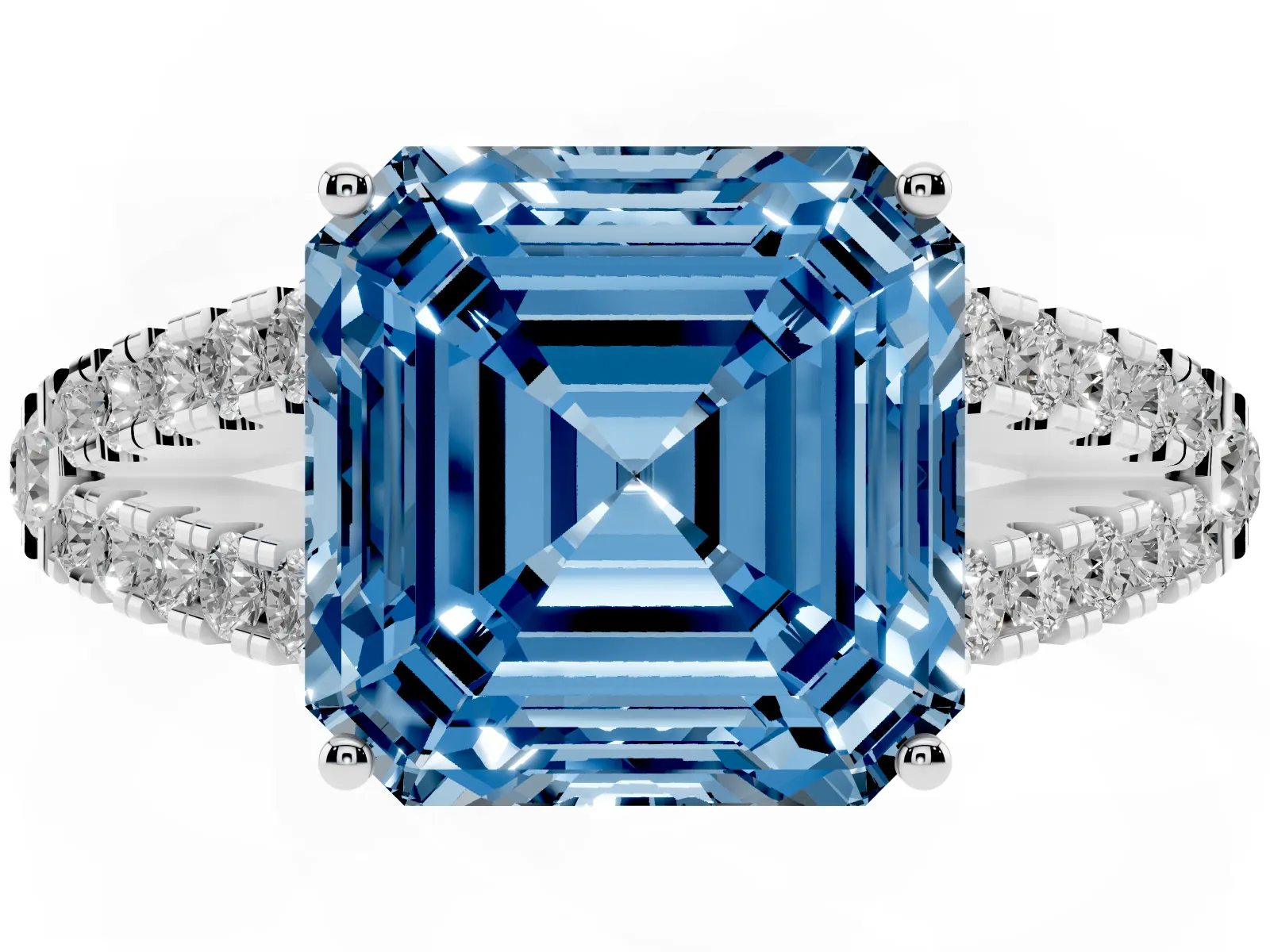 Fancy Blue Asscher Cut Diamond Split Shank Engagement Ring with Round Pavé and Prong Setting White gold