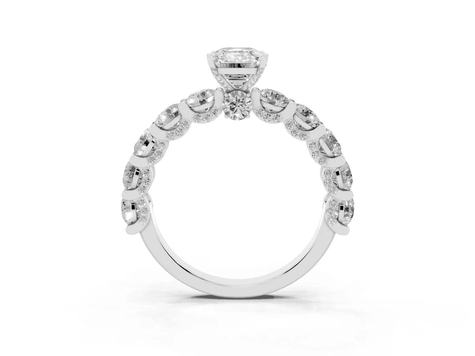 Emerald Cut Diamond Side Stone Engagement Ring with Four-Prong Setting Platinum