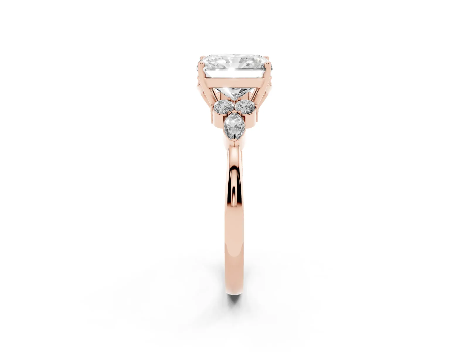 Radiant Cut Brilliant Diamond Solitaire Ring with Pear Side Stones and Four-Prong Setting Rose gold