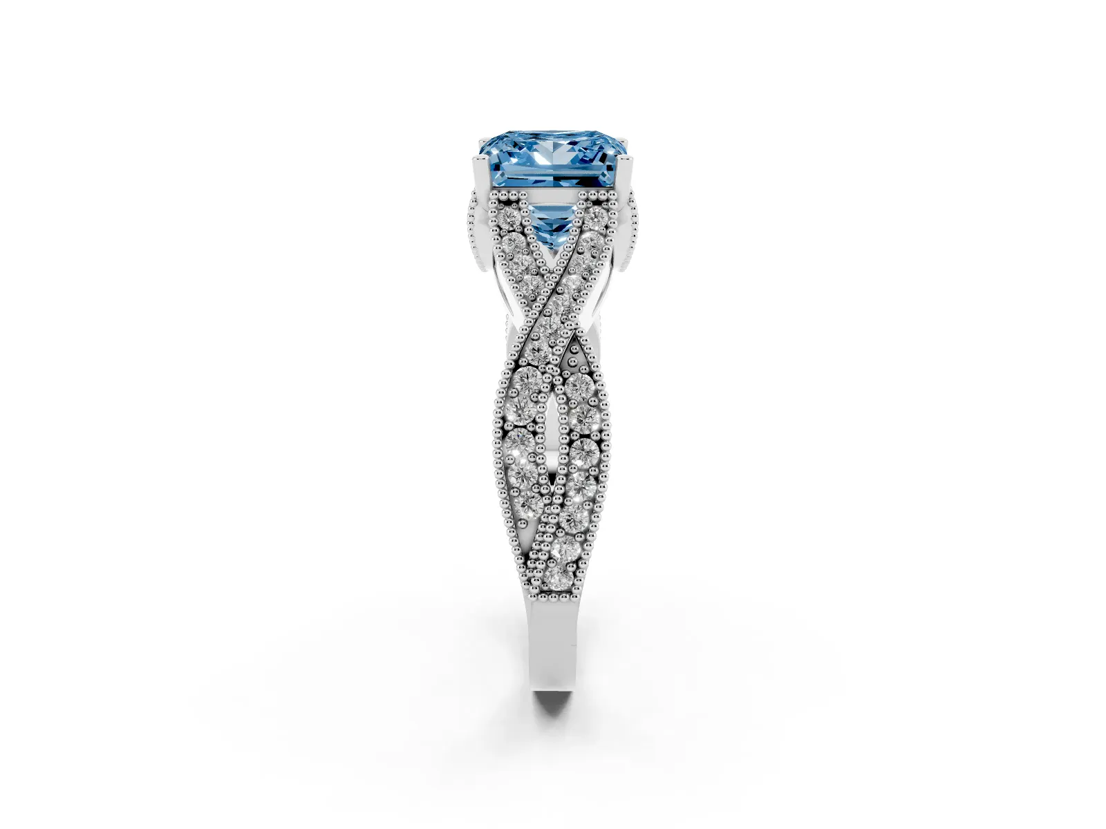 Fancy Blue Princess Cut Cut Diamond Twisted Band with Milgrain Pave Setting and Four-Prong Setting Platinum