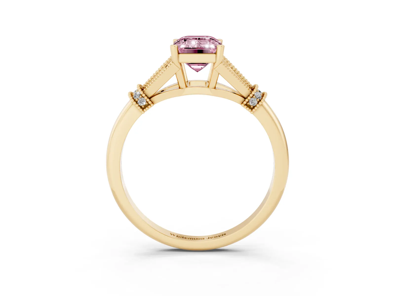 Fancy Pink Emerald Cut Diamond Solitaire Ring with Floral Filigree and Pave Accents Yellow gold