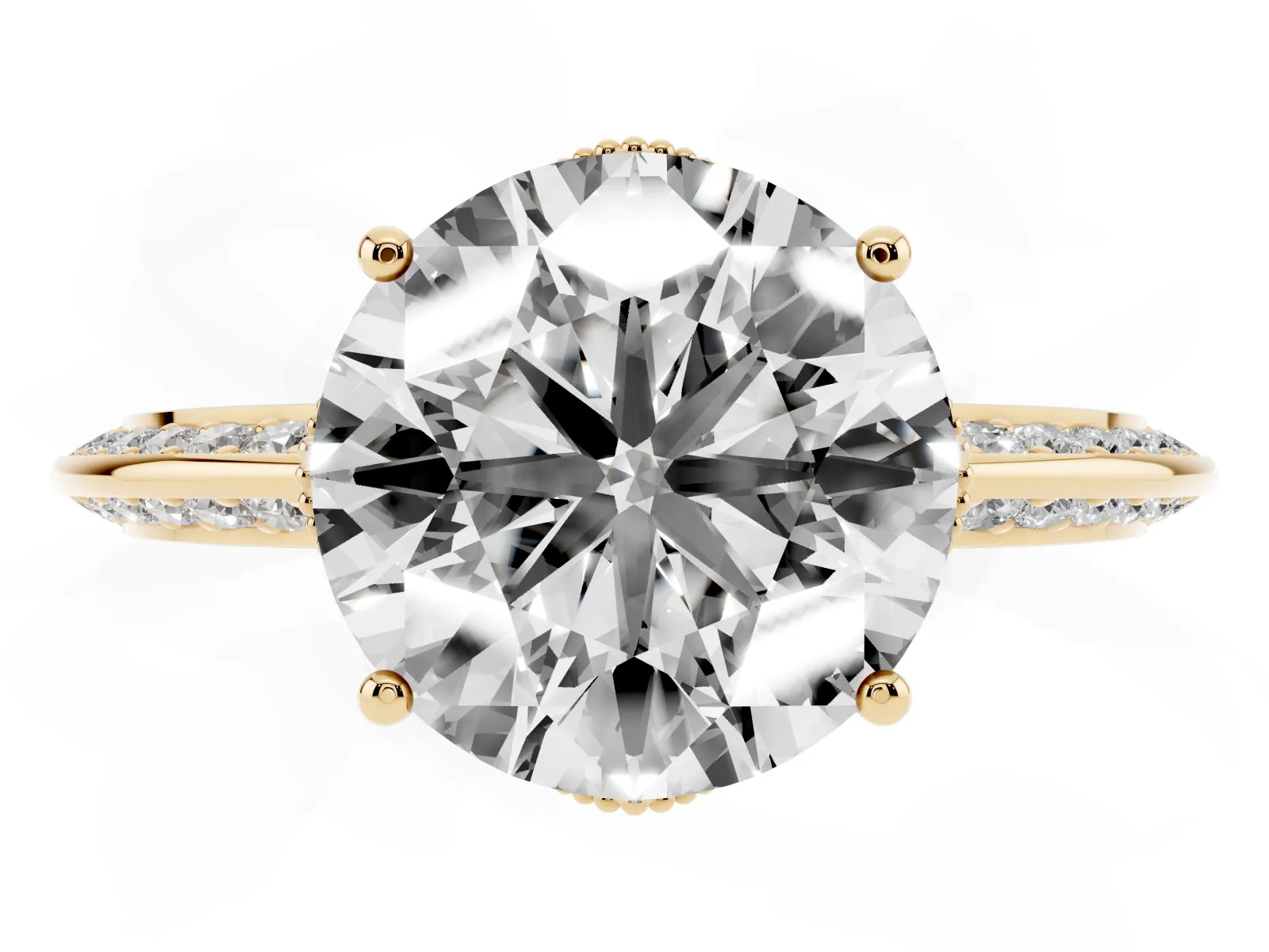 Round Cut Solitaire Split Shank Pave Diamond Engagement Ring with Four-Prong Setting Yellow gold