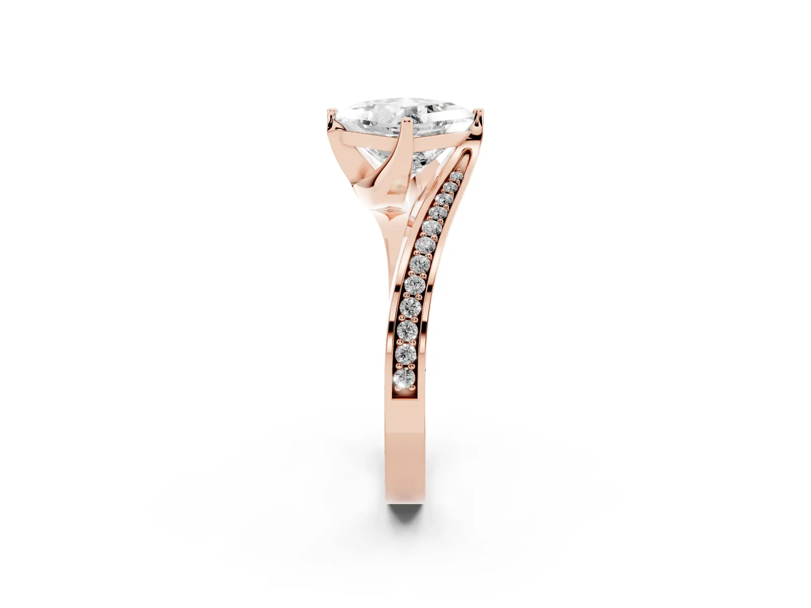 Princess Cut Solitaire Diamond Twist Band with Pavé Setting and Four-Prong Setting Rose gold