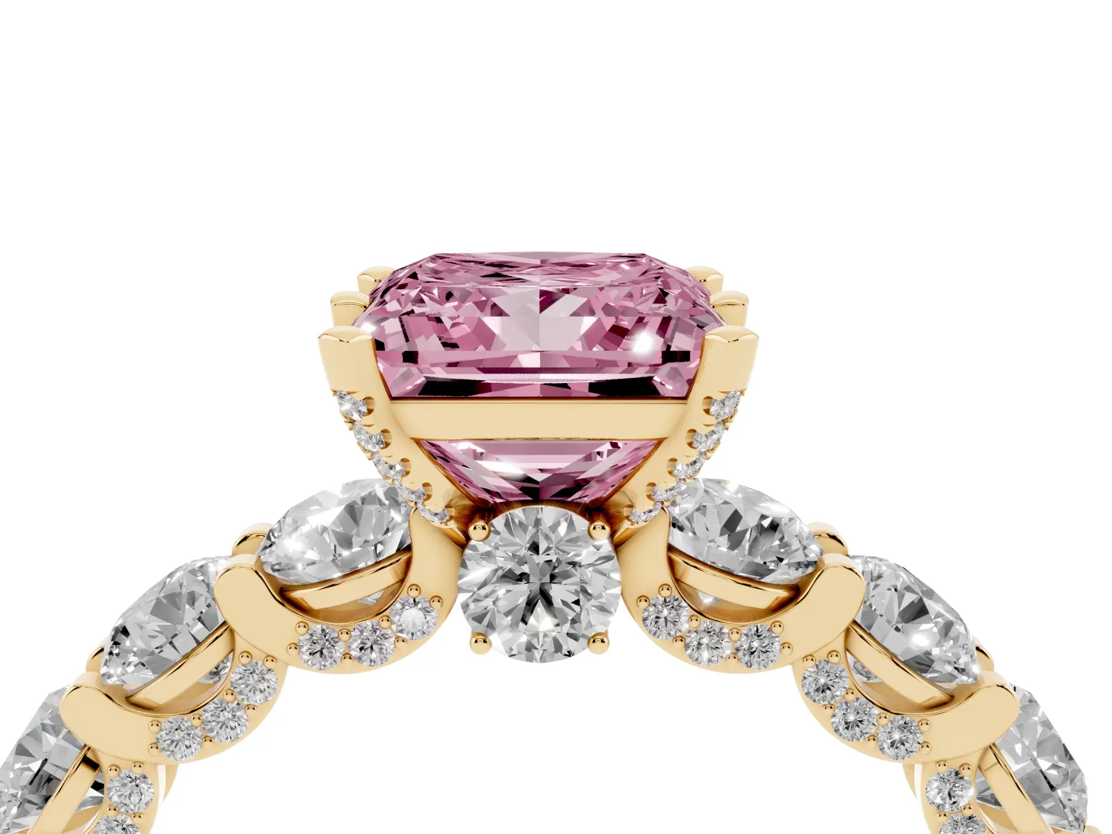 Fancy Pink Princess Cut Diamond Side Stone Engagement Ring with Four-Prong Setting Yellow gold