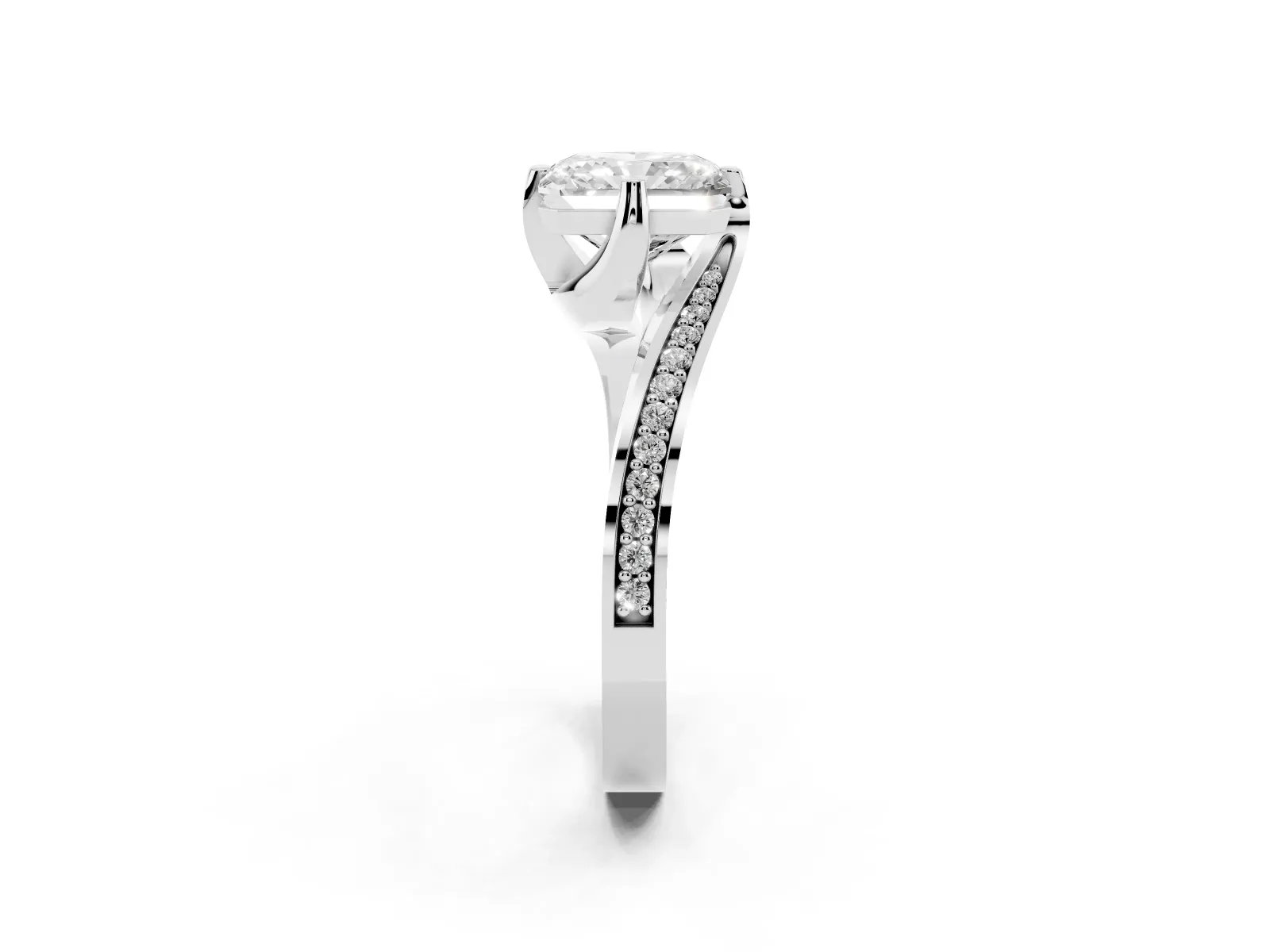 Radiant Cut Solitaire Diamond Twist Band with Pavé Setting and Four-Prong Setting Platinum