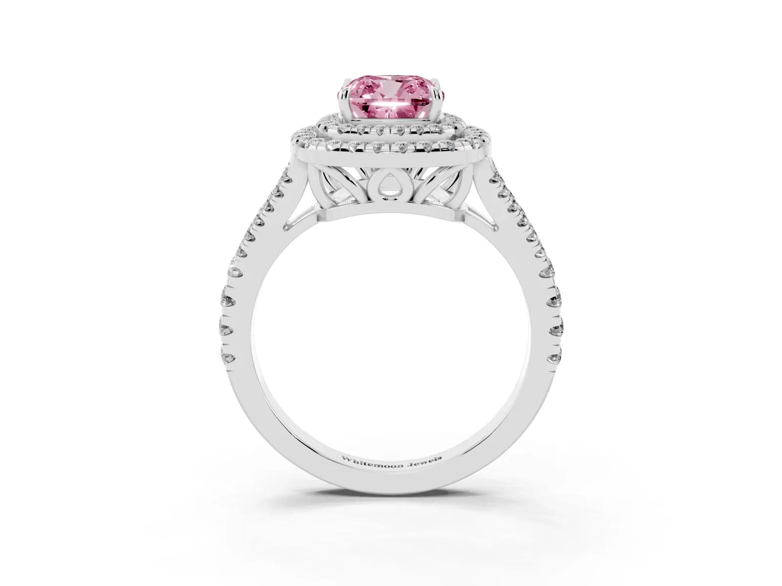 Fancy Pink Cushion Cut Diamond Double Halo Ring with Pavé Band and Prong Setting Platinum