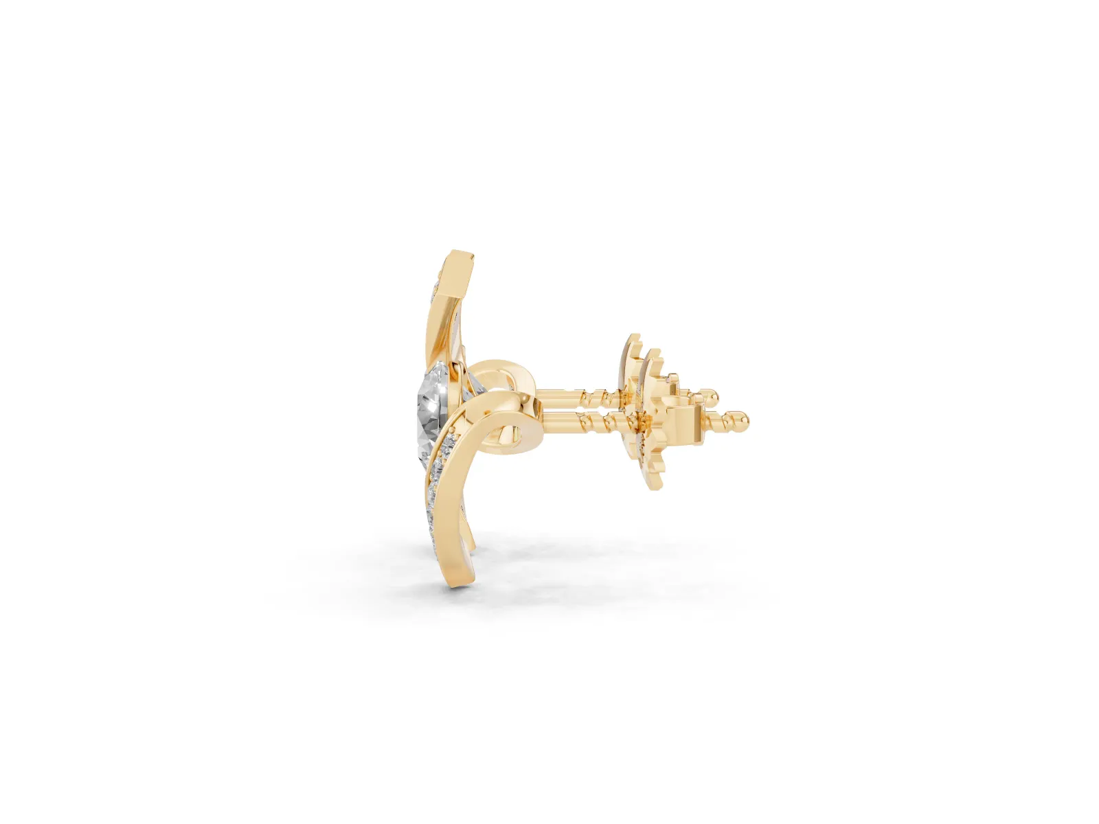 Round Diamond Curve Wave Stud Earrings Yellow gold