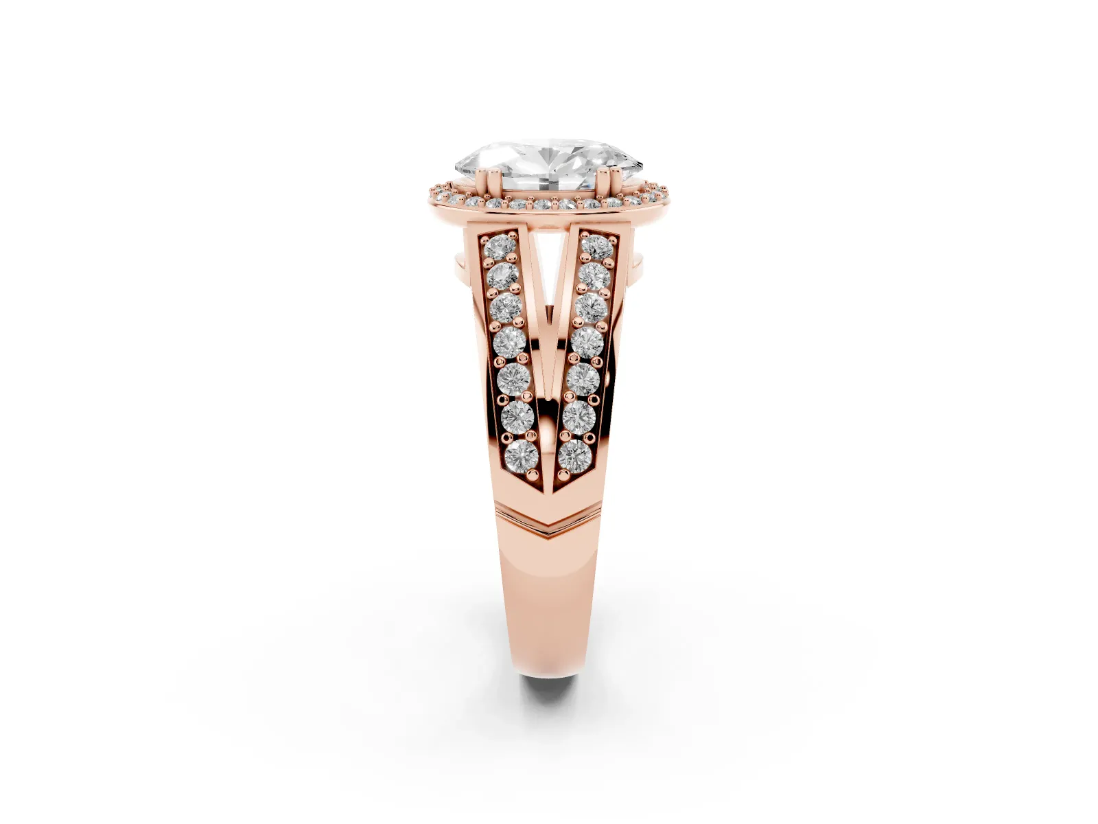 Oval Cut Diamond Halo Ring with Split Shank Pavé Band and Four-Prong Setting Rose gold