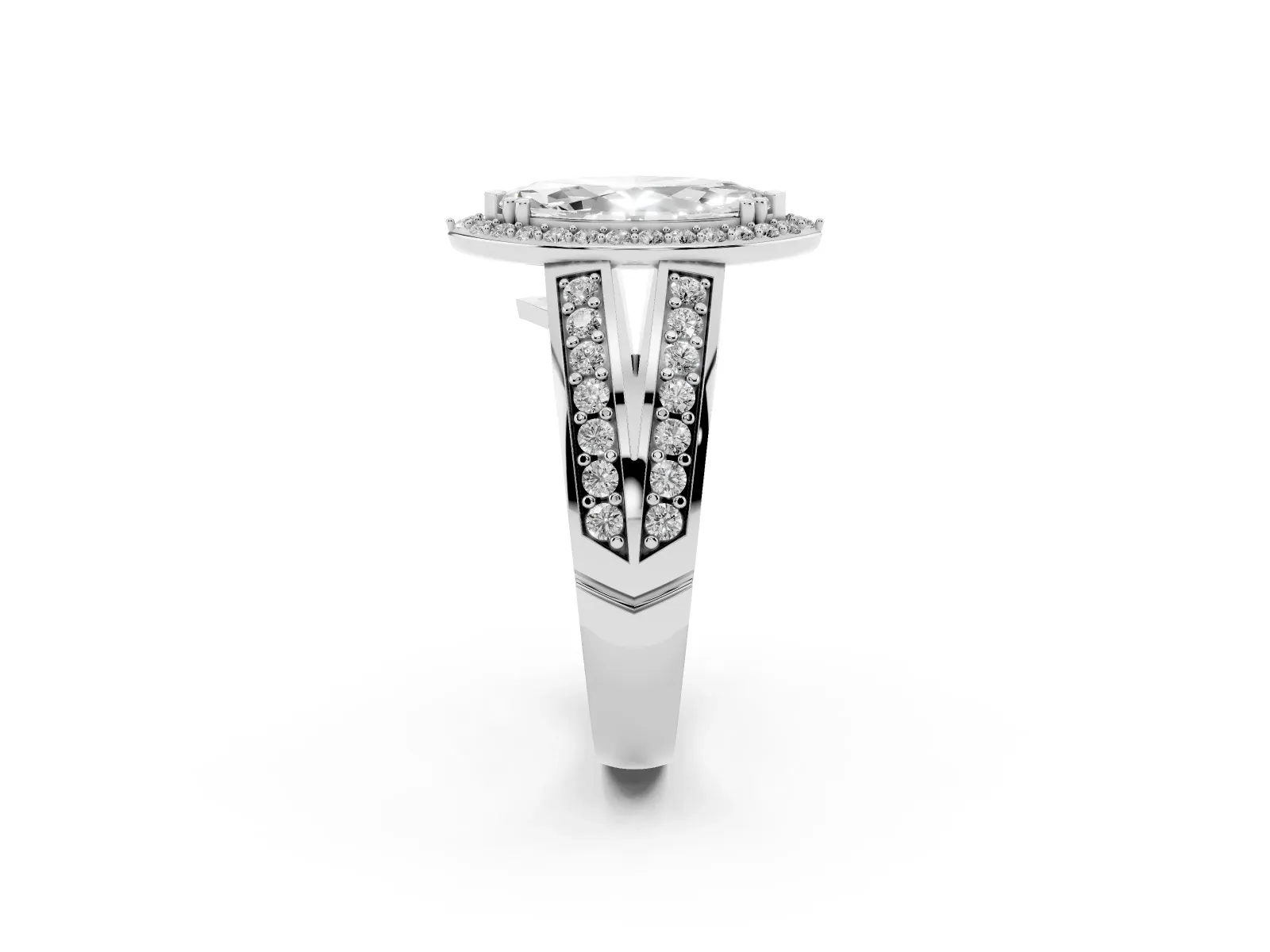 Marquise Cut Diamond Halo Ring with Split Shank Pavé Band and Four-Prong Setting White gold