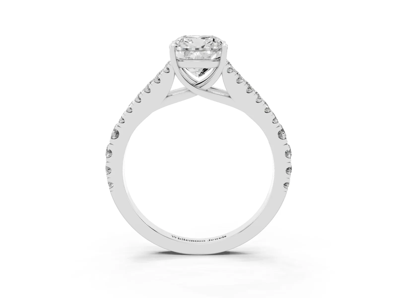 Cushion Cut Diamond Split Shank Engagement Ring with Round Pavé and Prong Setting White gold