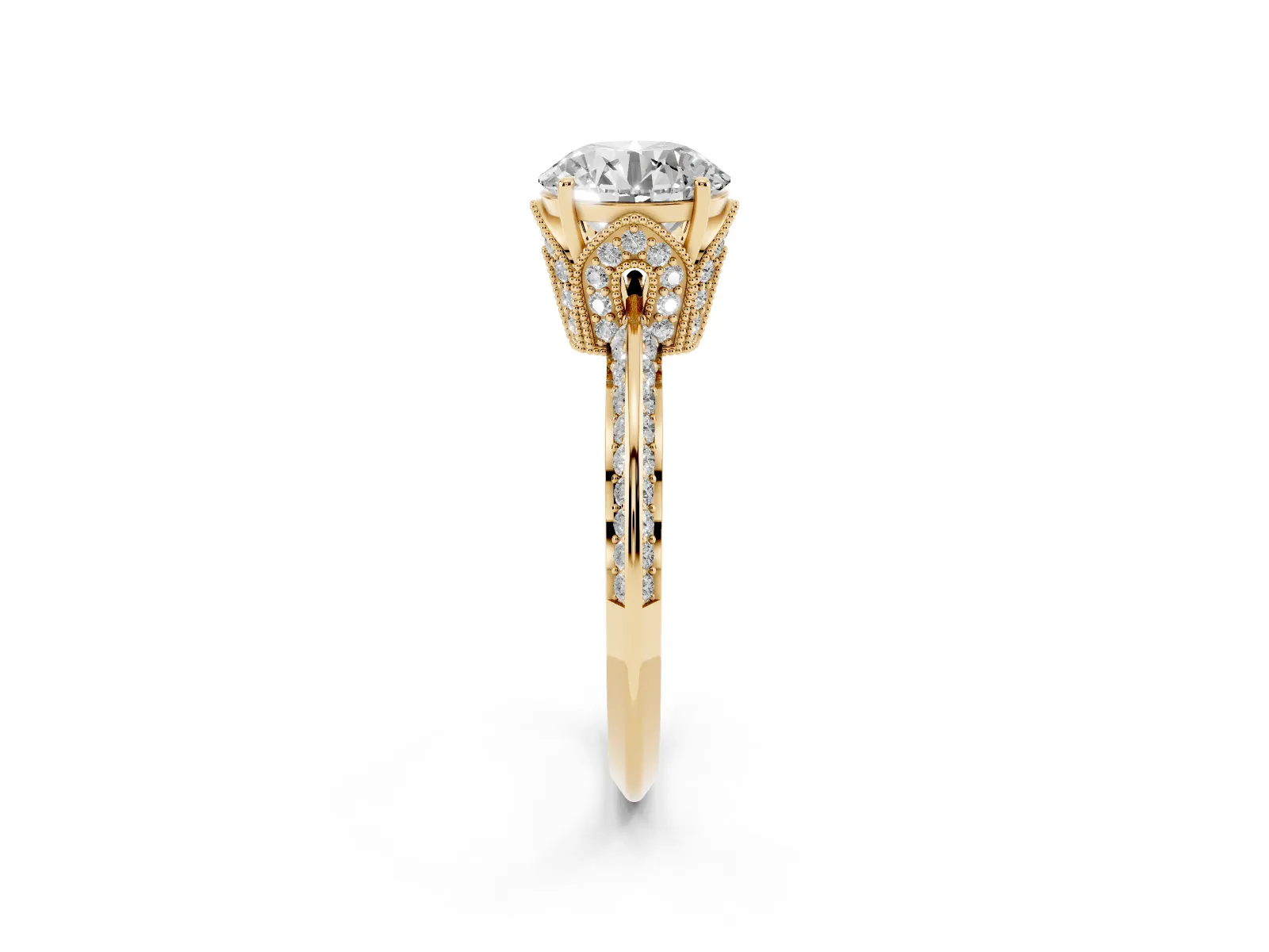 Round Cut Solitaire Split Shank Pave Diamond Engagement Ring with Four-Prong Setting Yellow gold