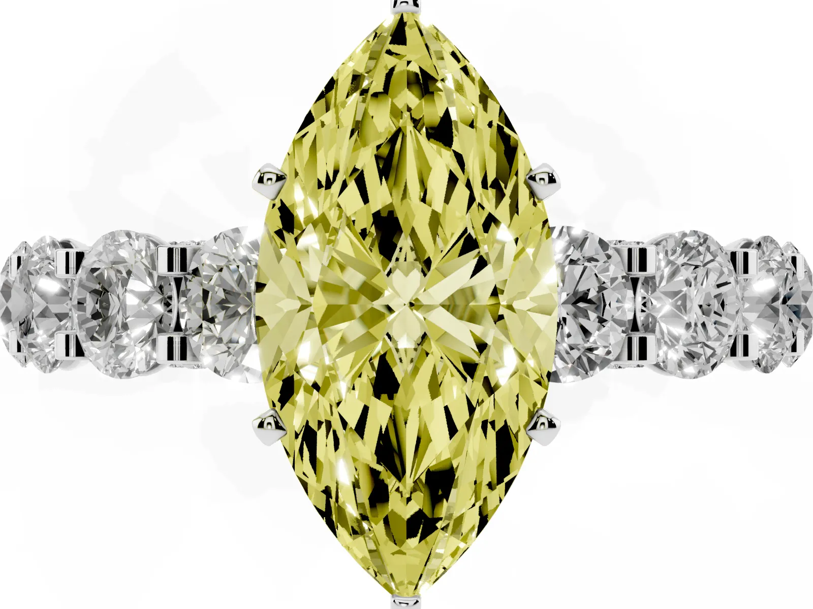 Fancy Yellow Marquise Cut Diamond Side Stone Engagement Ring with Four-Prong Setting Platinum
