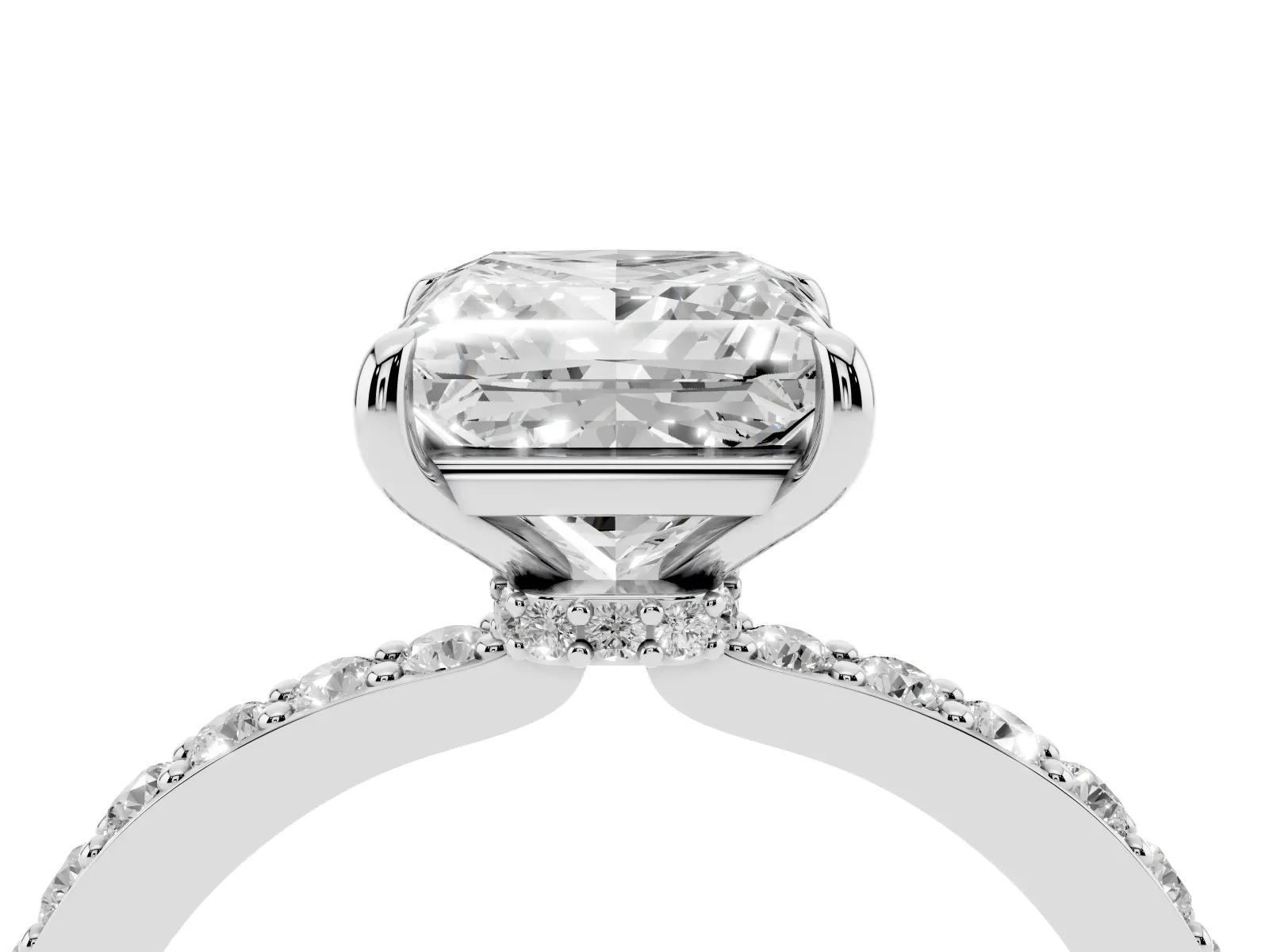 Princess Cut Diamond Solitaire Engagement Ring with Pavé Band and Four-Prong Setting White gold