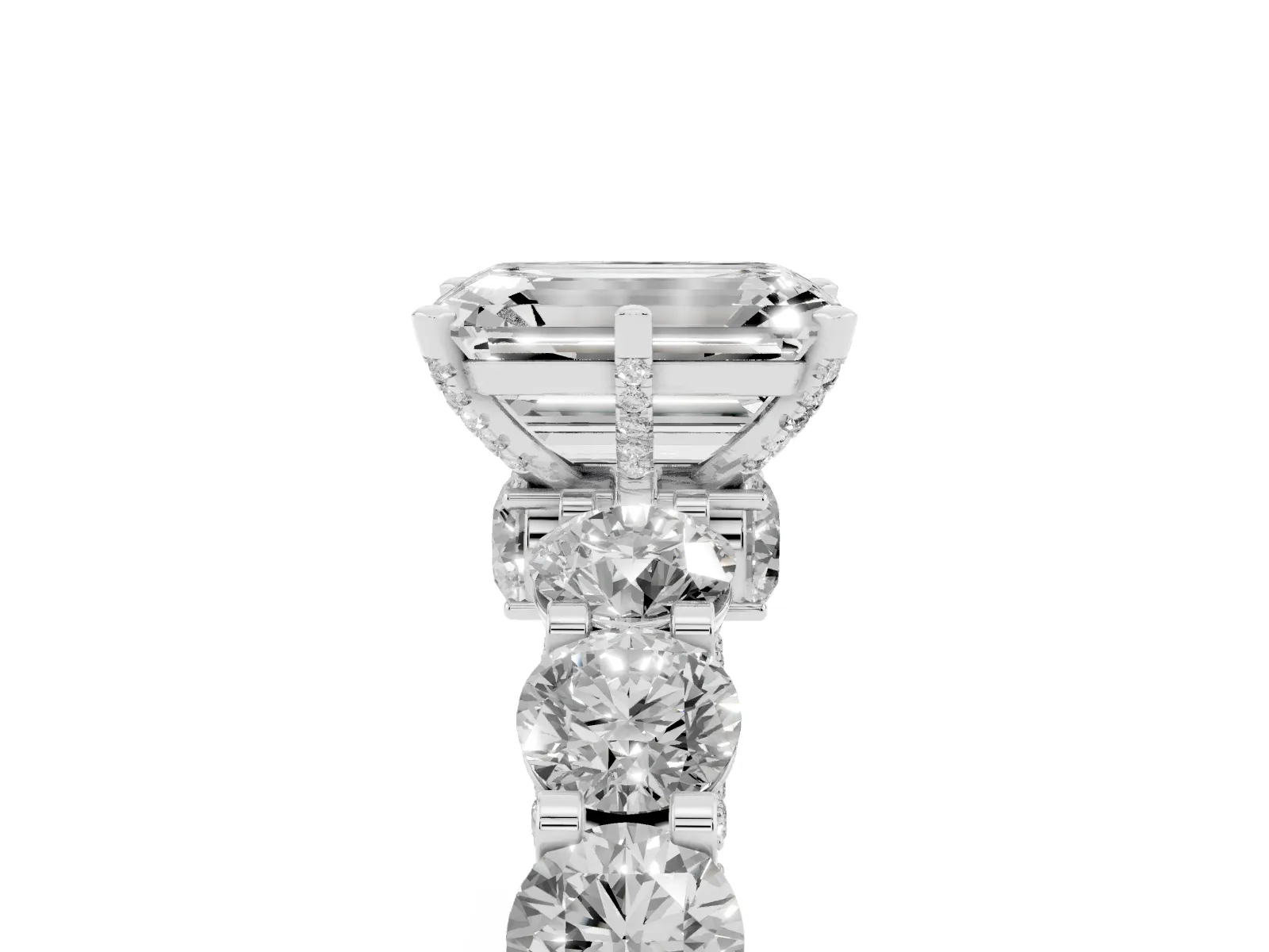 Emerald Cut Diamond Side Stone Engagement Ring with Four-Prong Setting Platinum