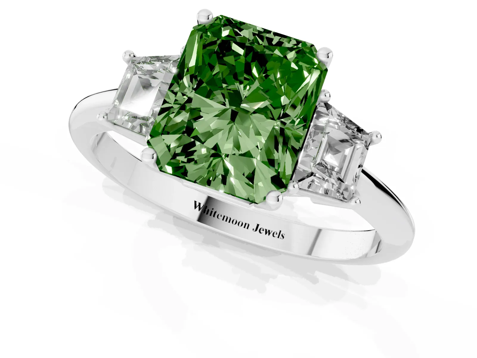 Fancy Green Radiant Cut Diamond Three-Stone Ring with Trapezoid Side Stones and Prong Setting Platinum