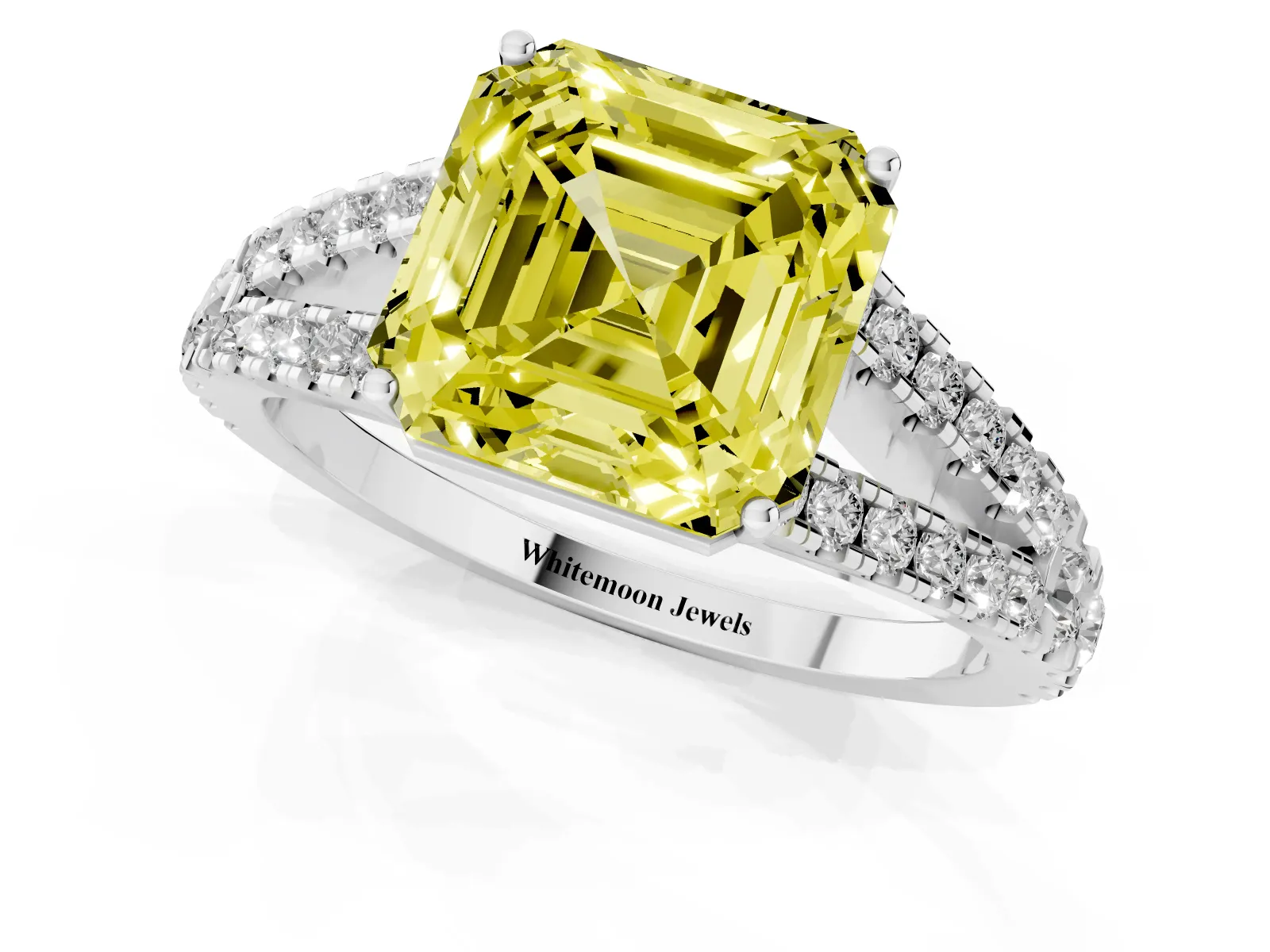 Fancy Yellow Asscher Cut Diamond Split Shank Engagement Ring with Round Pavé and Prong Setting White gold