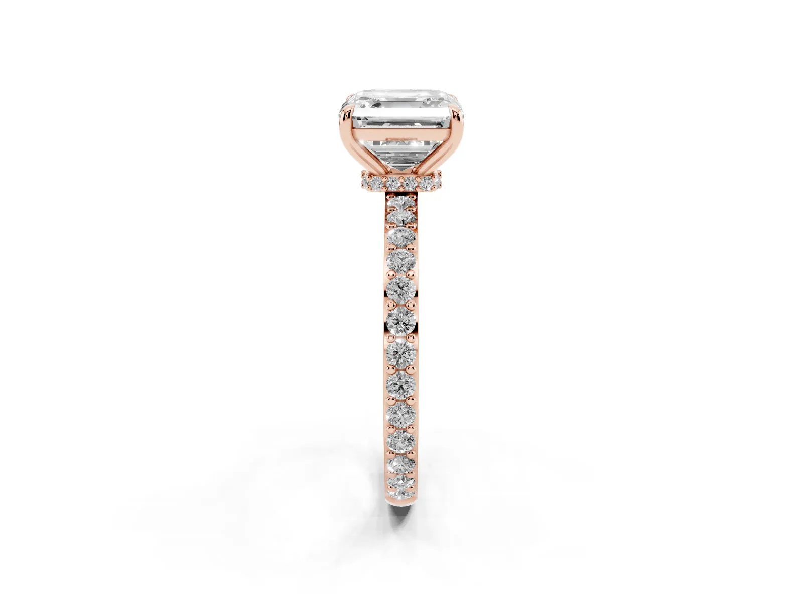 Asscher Cut Diamond Solitaire Engagement Ring with Pavé Band and Four-Prong Setting Rose gold