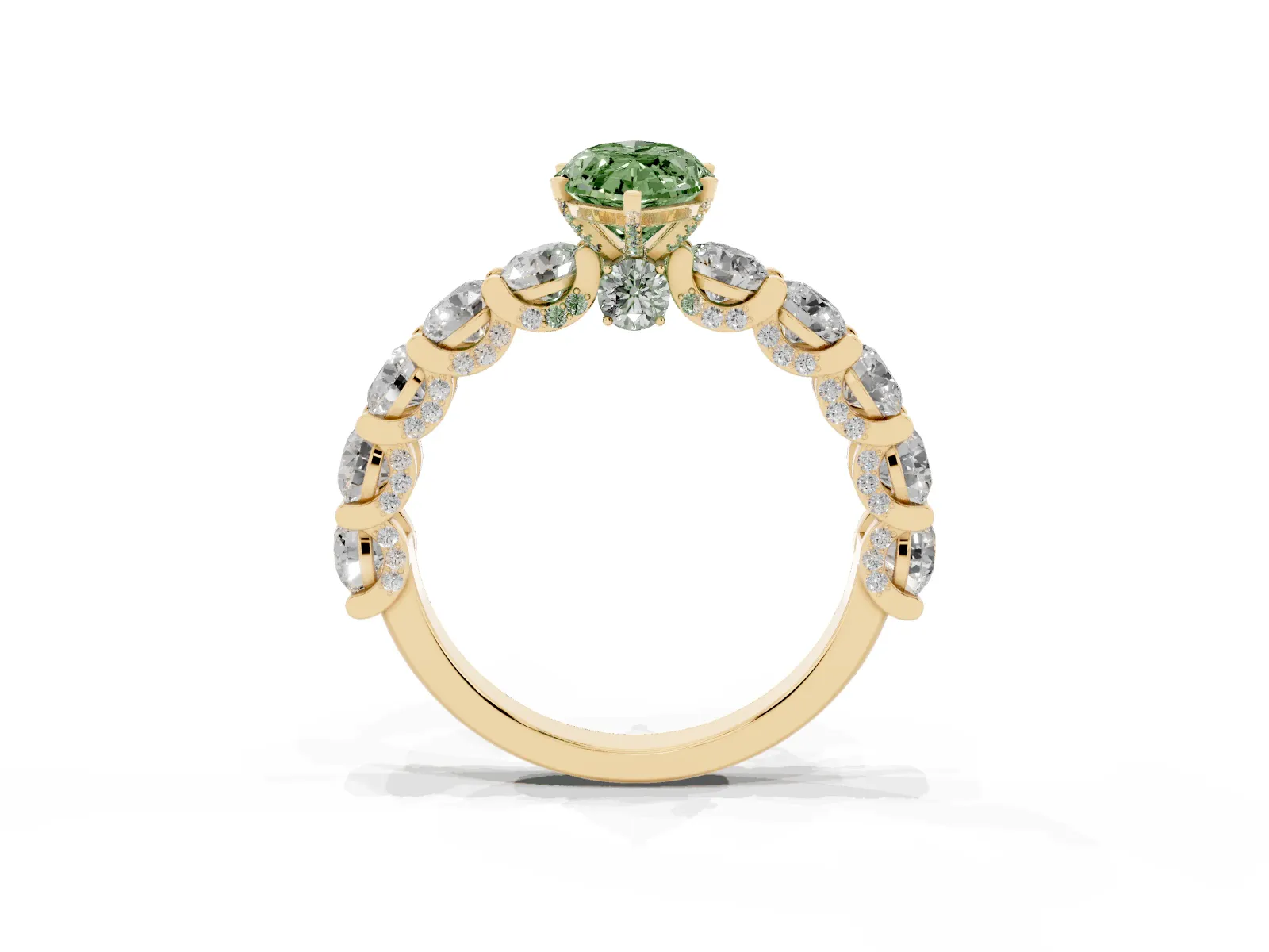 Fancy Green Marquise Cut Diamond Side Stone Engagement Ring with Four-Prong Setting Yellow gold