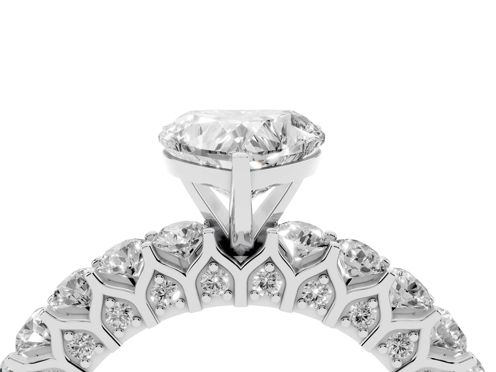 Heart Cut Diamond Solitaire Ring with Shared Prong Pavé Band and Four-Prong Setting White gold