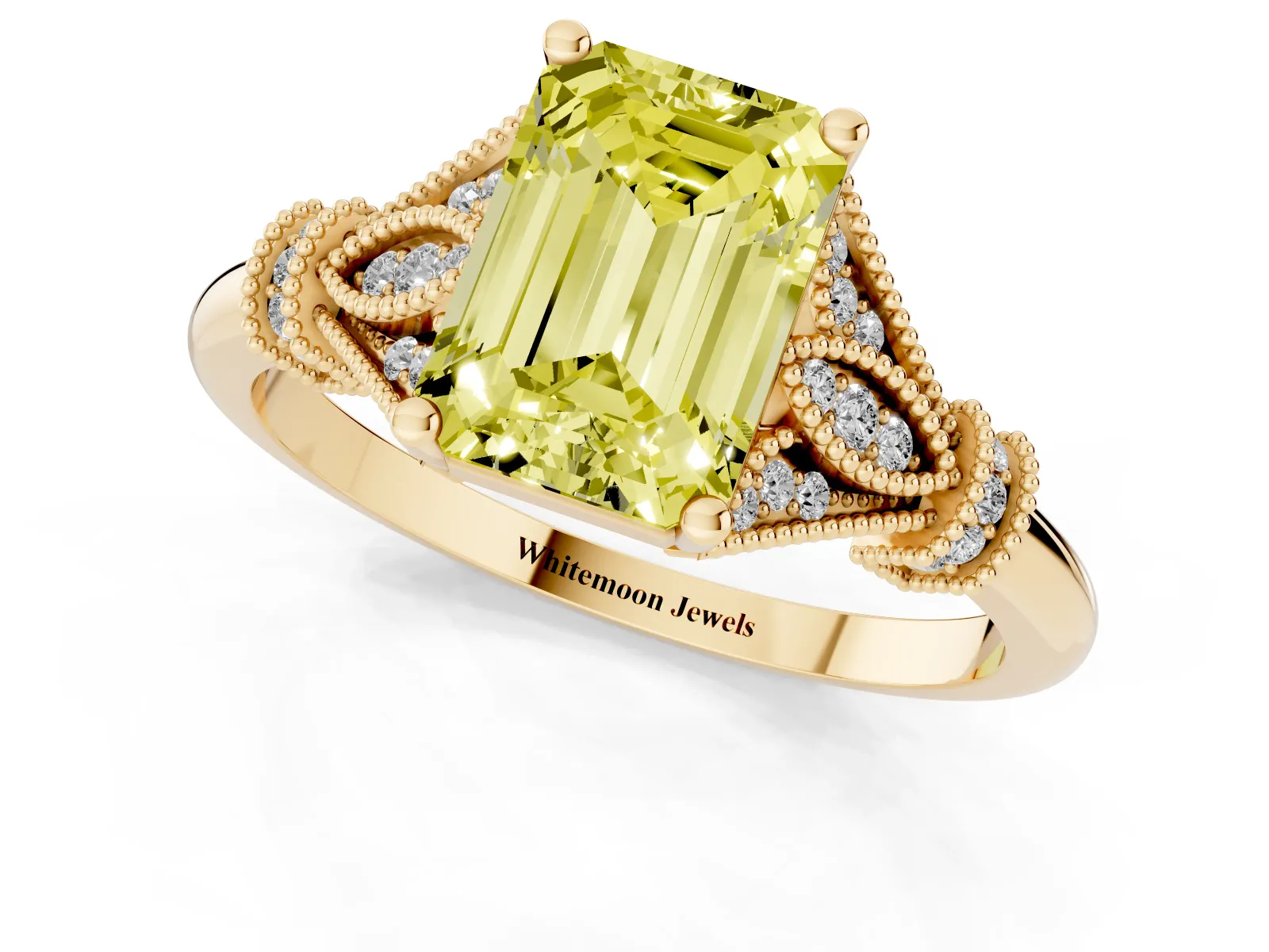 Fancy Yellow Emerald Cut Diamond Solitaire Ring with Floral Filigree and Pave Accents Yellow gold